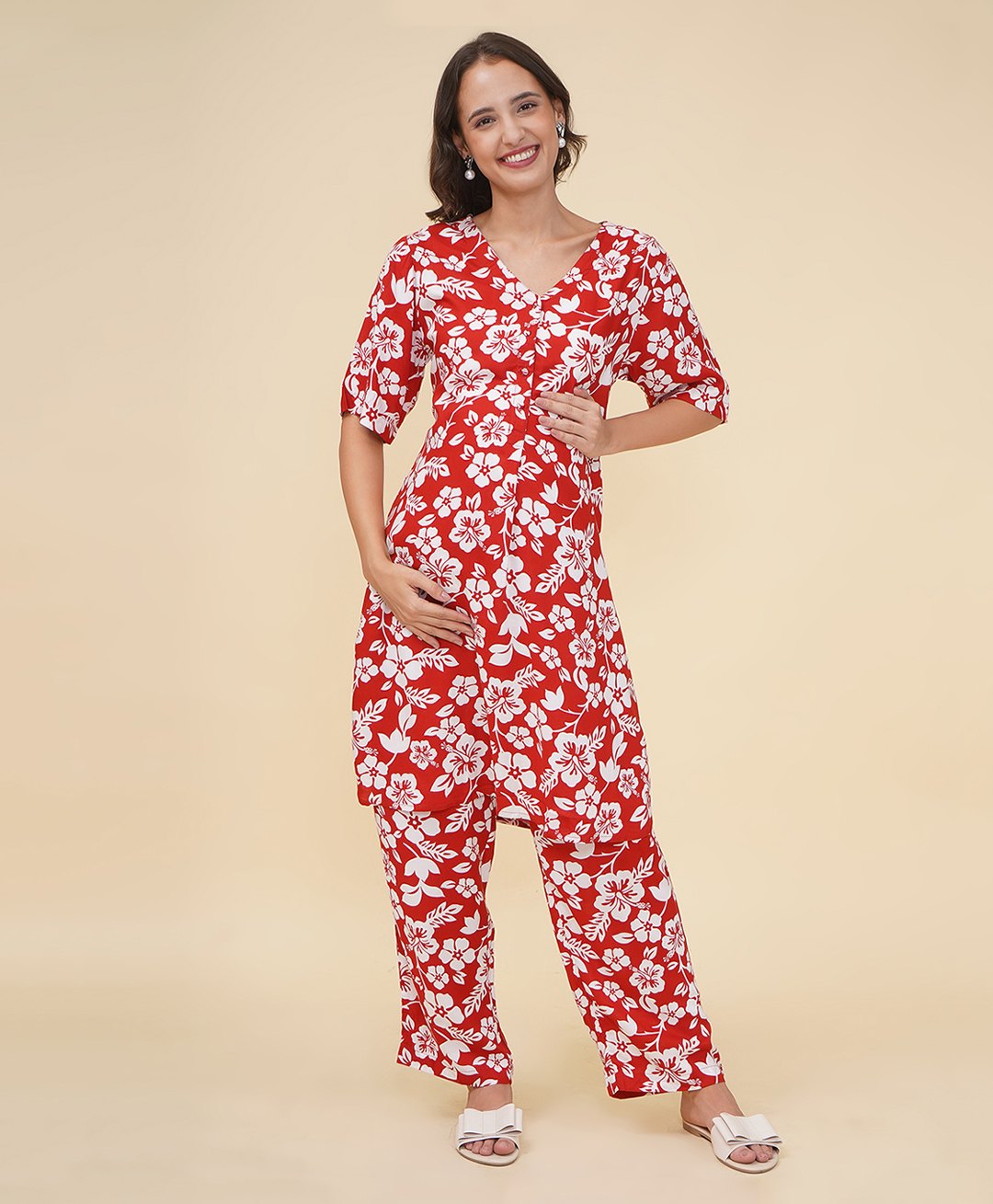 Mine4Nine Rayon Woven Three Fourth Sleeves Floral Printed Coordinating Maternity Kurta With Nursing Access & Pant Set - Red-picture-25