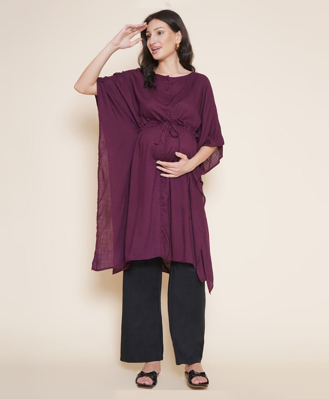Mine4Nine Rayon Woven Half Batwing Sleeves Solid Maternity Kaftaan Top With Nursing Access & Coordinating Pant Set - Wine-image-10