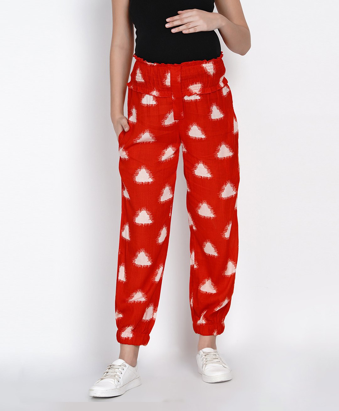 Mine4Nine Rayon Woven Abstract Printed High Waist Maternity Joggers - Red-picture-19