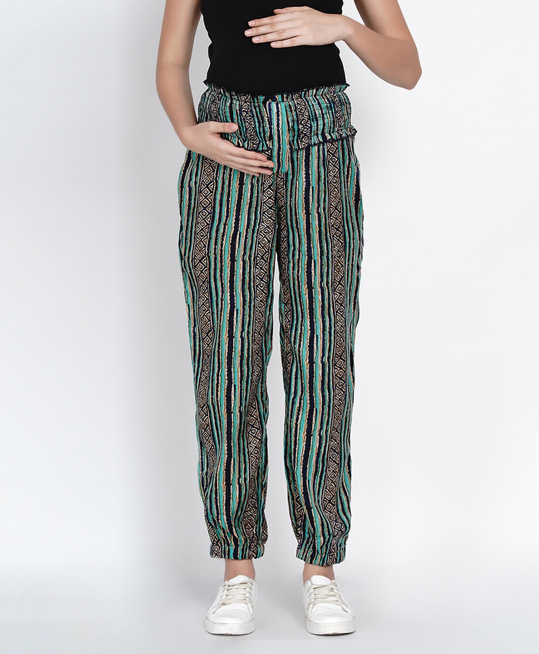 Mine4Nine Rayon Woven Striped & Geometric Printed Maternity Pant - Green