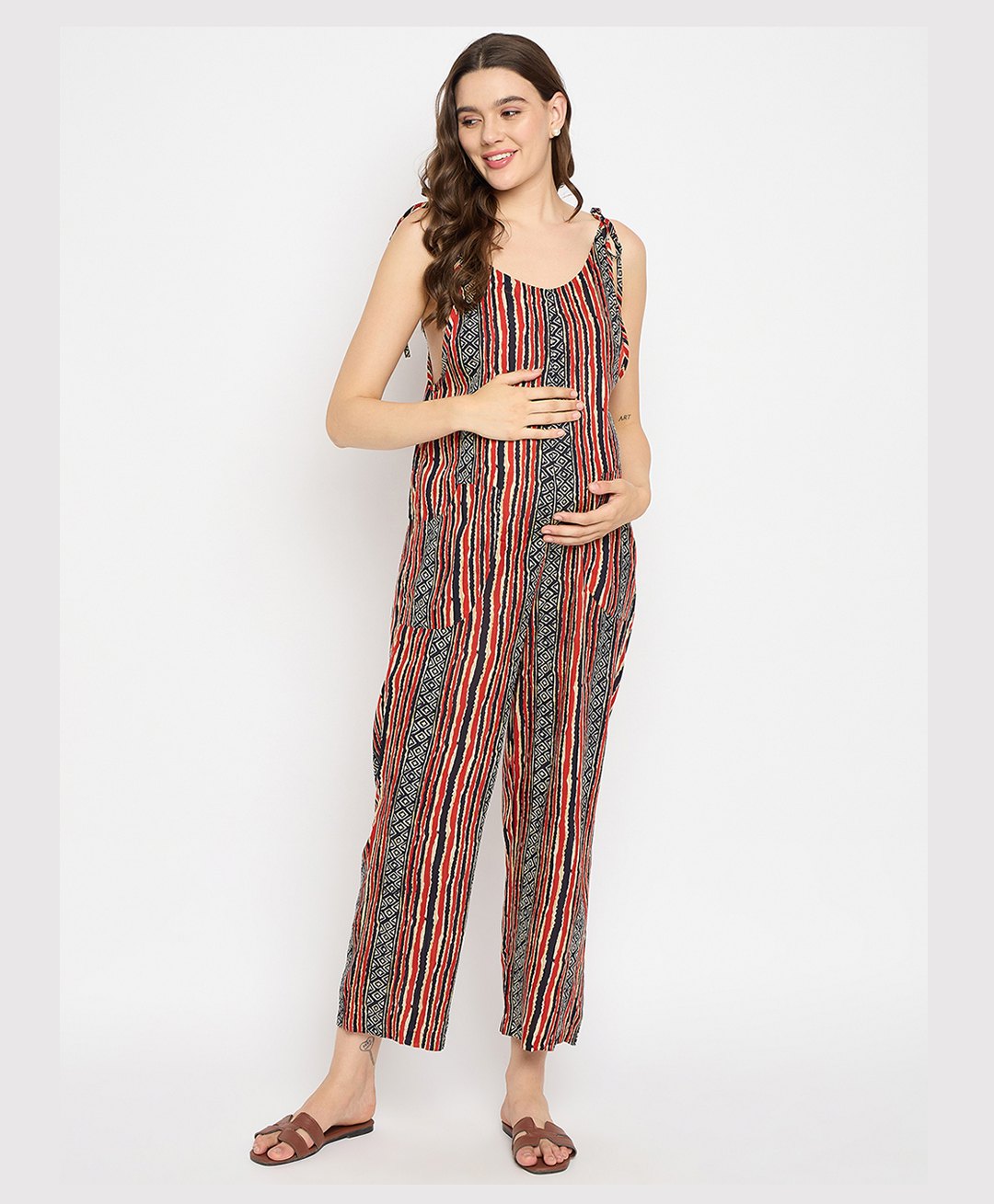 Mine4Nine Rayon Woven Sleeveless Abstract Striped Maternity Jumpsuit - Red-image-41