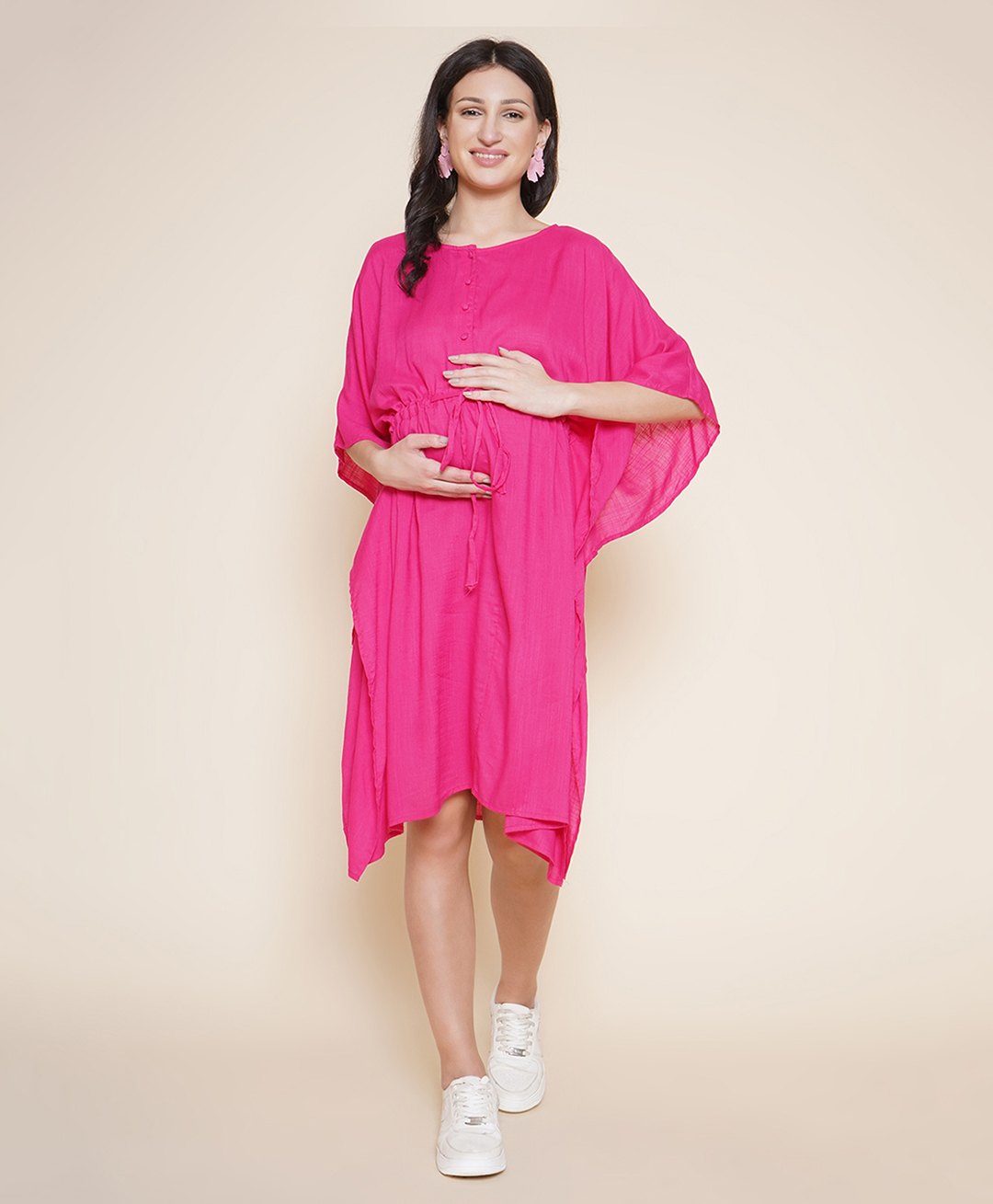 Mine4Nine Rayon Woven Half Batwing Sleeves Solid Maternity Kaftan Dress With Nursing Access - Pink-image-10