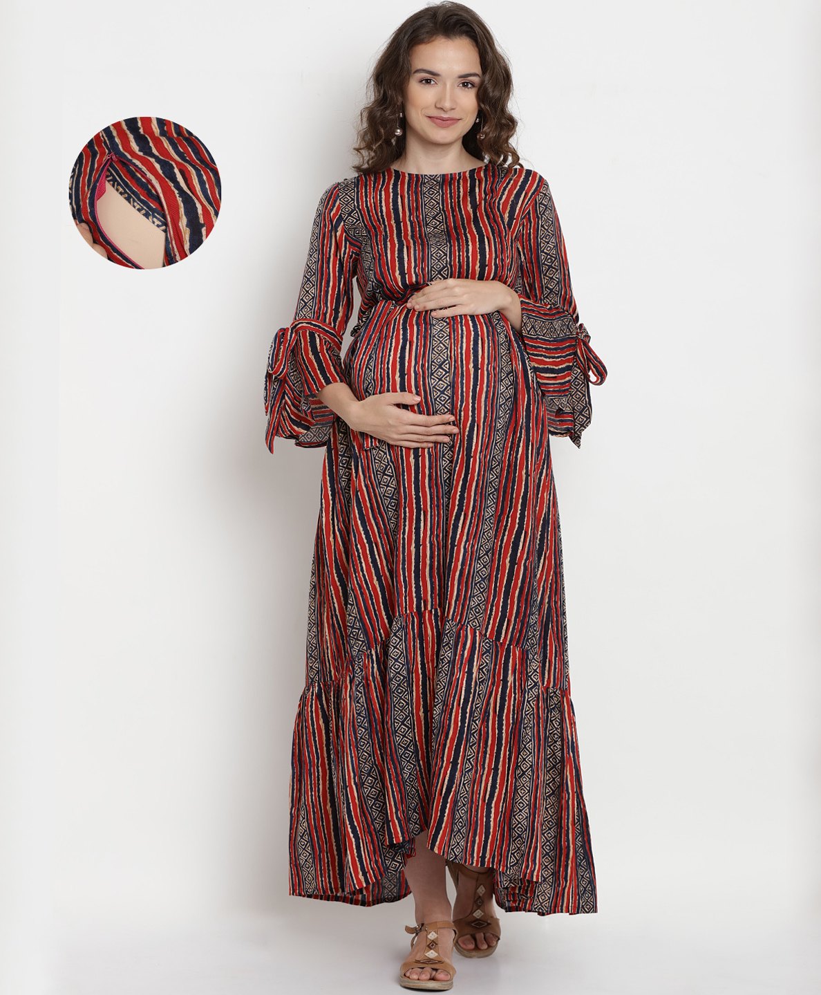 Mine4Nine Rayon Woven Half Bell Sleeves Striped & Abstract Printed Maternity Dress With Side Zipper Nursing Access - Red-picture-15