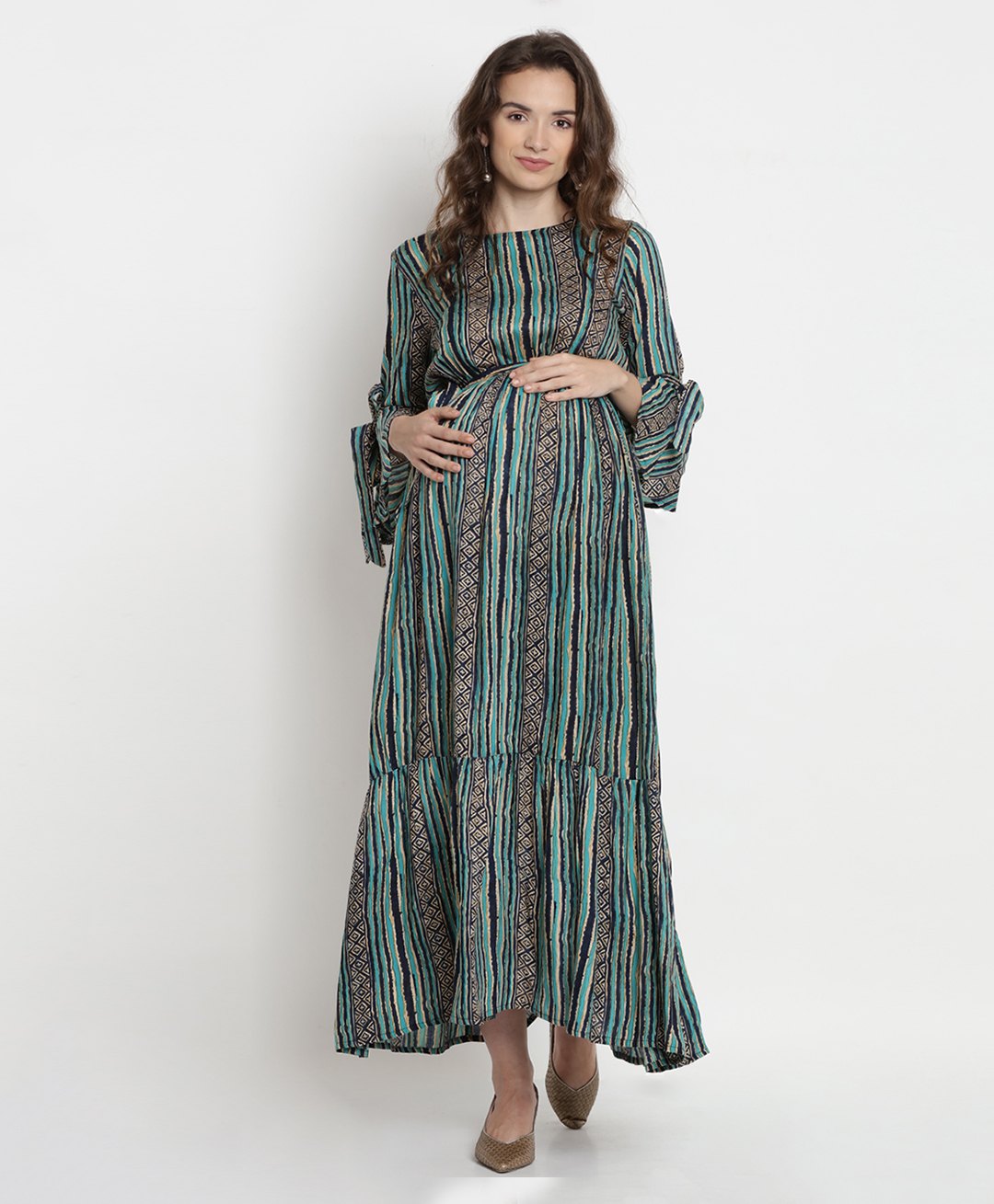 Mine4Nine Rayon Woven Three Fourth Bell Sleeves Striped & Abstract Printed Maternity Dress - Green-image-45