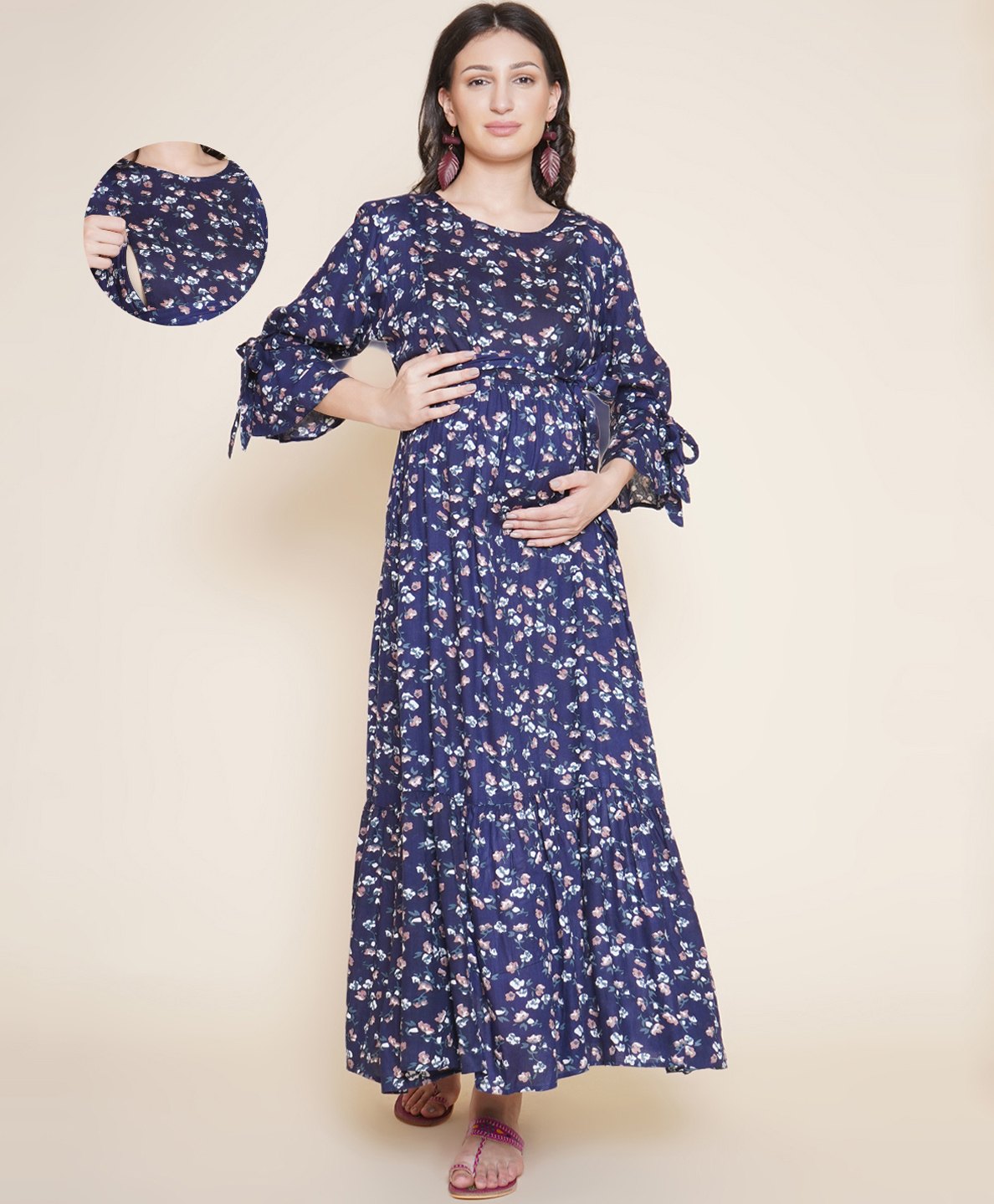 Mine4Nine Rayon Woven Half Bell Sleeves Striped & Abstract Printed Maternity Dress With Side Zipper Nursing Access - Navy Blue-image-48