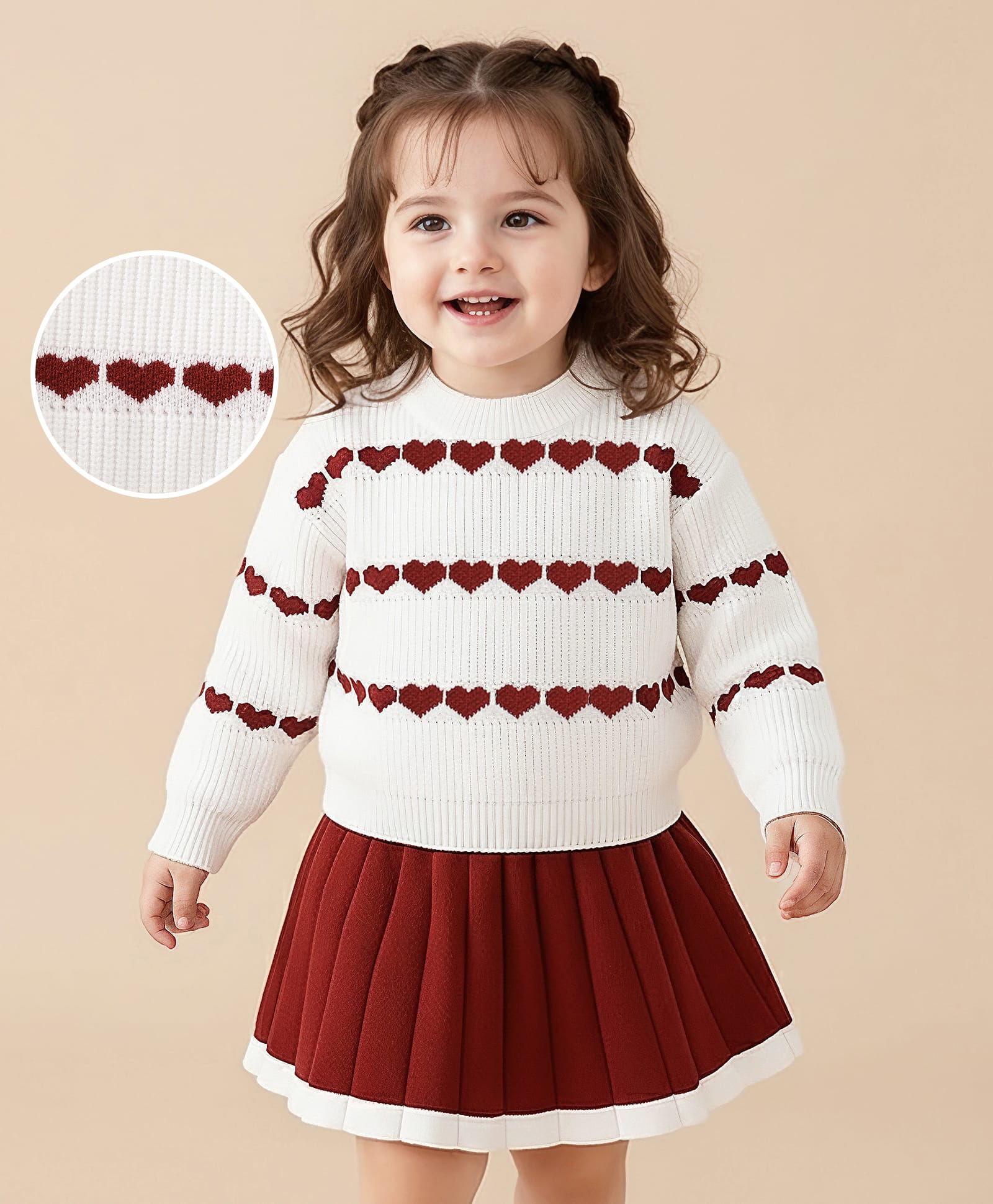 Mark & Mia Full Sleeves Sweatshirt & Skirt Set With Heart Print - White & Red-image-47