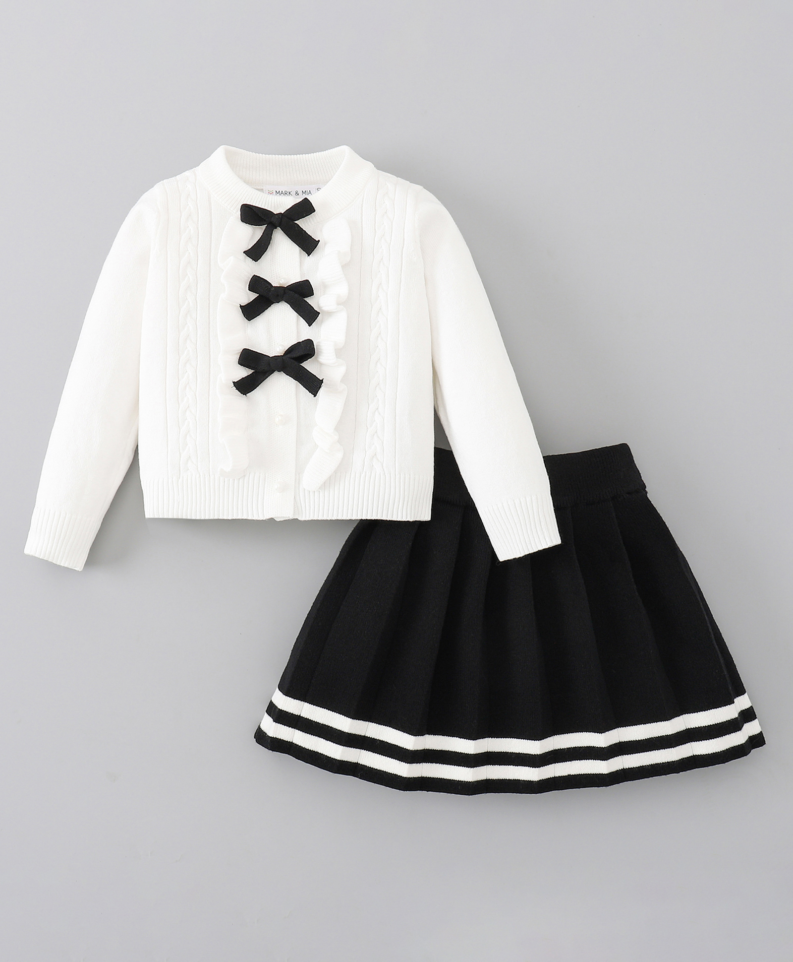 Mark & Mia Full Sleeves Solid Sweatshirt & Skirt Set With Bow Applique - Black & White-image-4