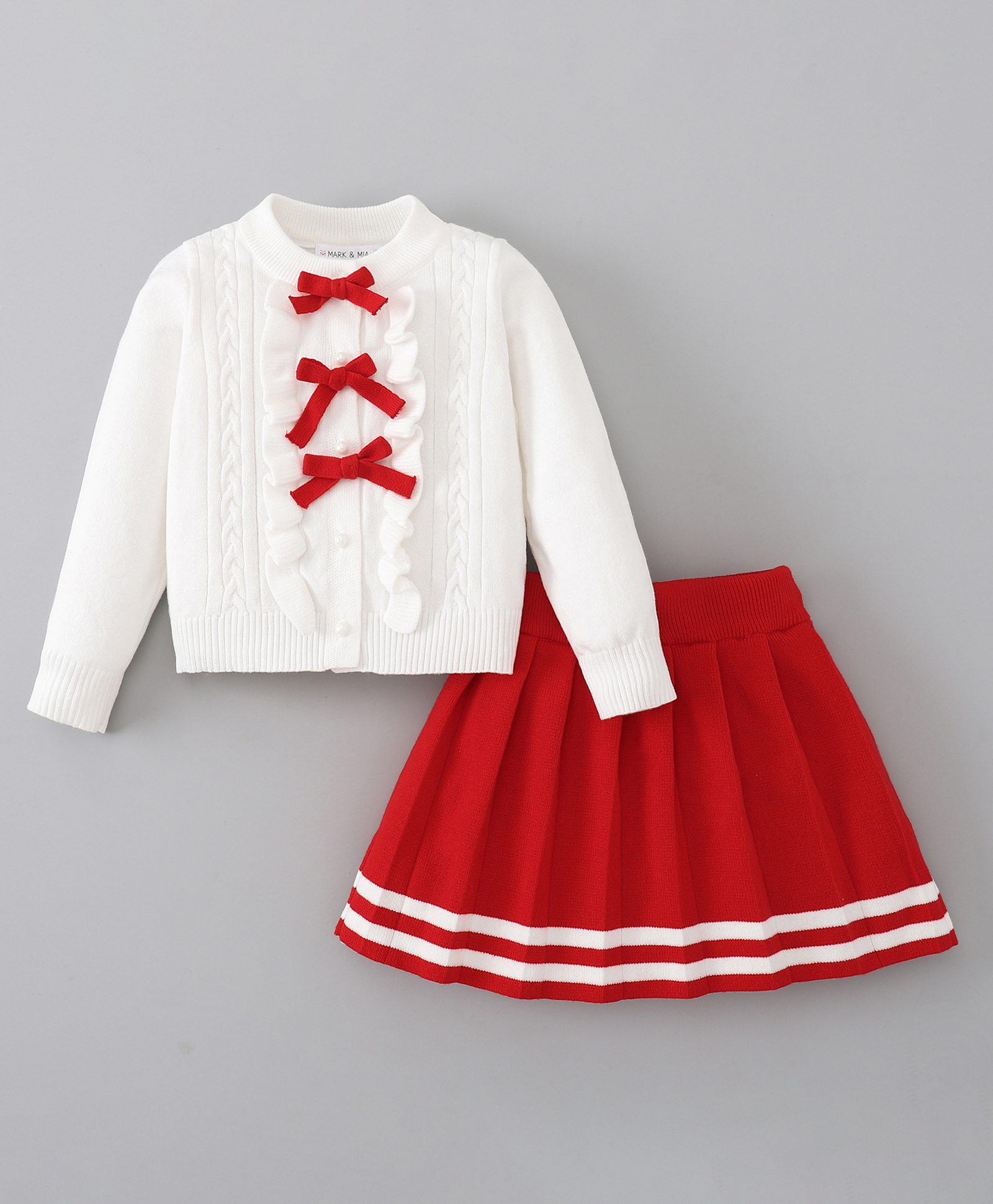 Mark & Mia Full Sleeves Solid Sweatshirt & Skirt Set With Bow Applique - Red & White-image-2
