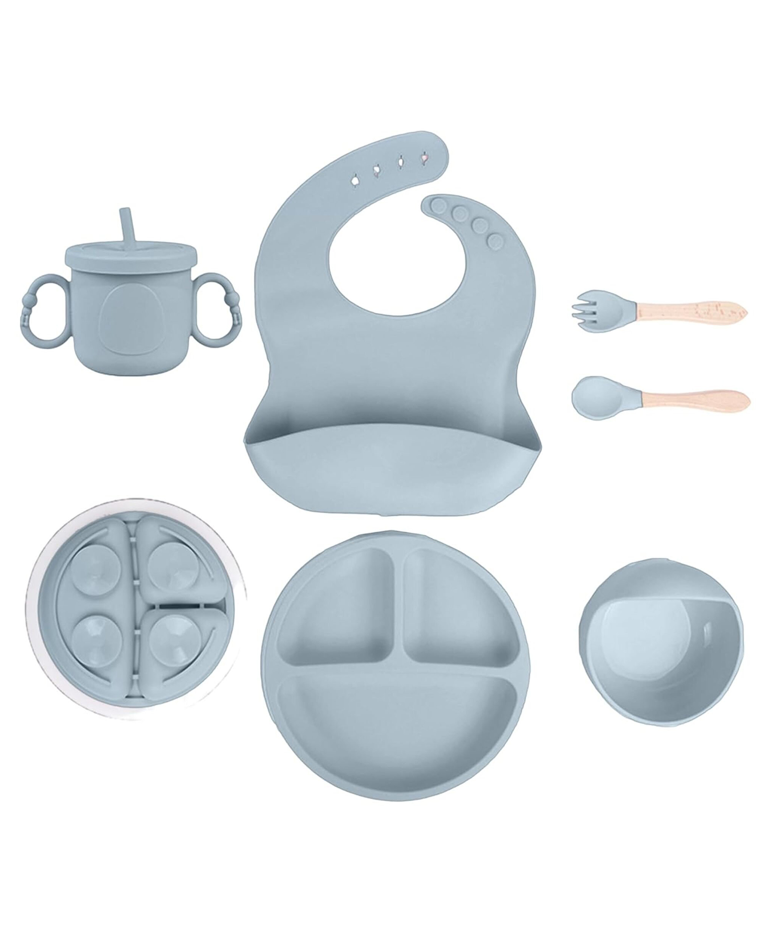 AEREX 6 Pcs Silicone Baby Feeding Sets | Baby Weaning Set | Silicone Suction Plates Solid for Baby & Toddler | Suction Bowl, Cup, Fork, and Spoon Cutlery Set for Babies and Toddlers (Grey)-image-29