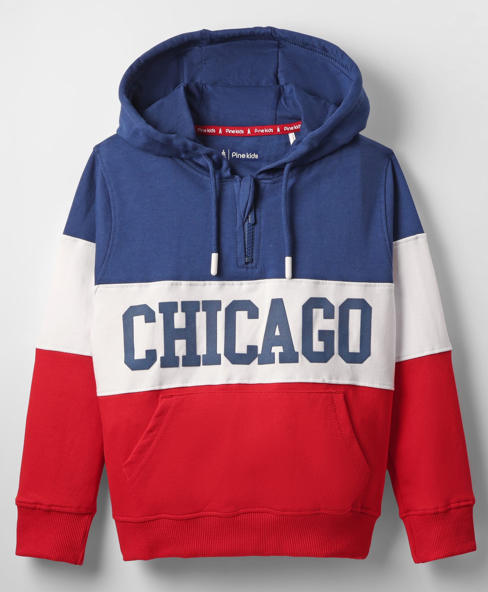 Pine Kids Cotton Knit Full Sleeves Cut & Sew Designed Hooded Sweatshirt with Text Print & Kangaroo Pockets - Red Blue & White-picture-17