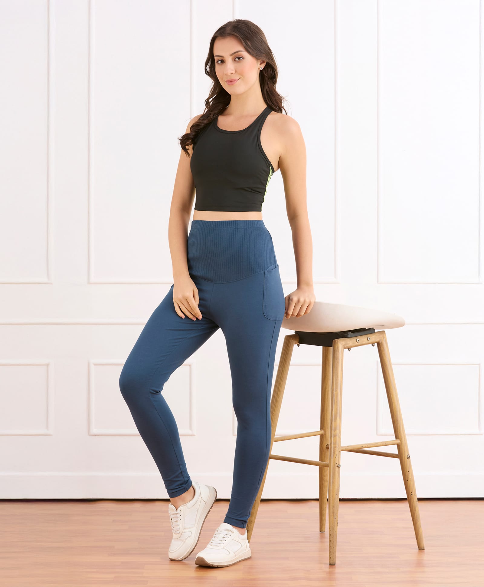 Bella Mama Cotton Elastane Knit Solid Coloured High Coverage Maternity Leggings - Blue