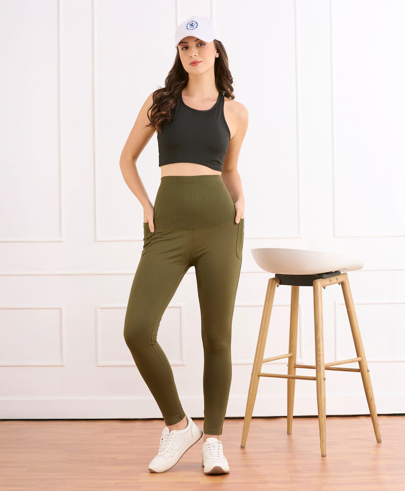 Bella Mama Cotton Elastane Knit Solid Coloured Maternity High Coverage Leggings - Olive Green
