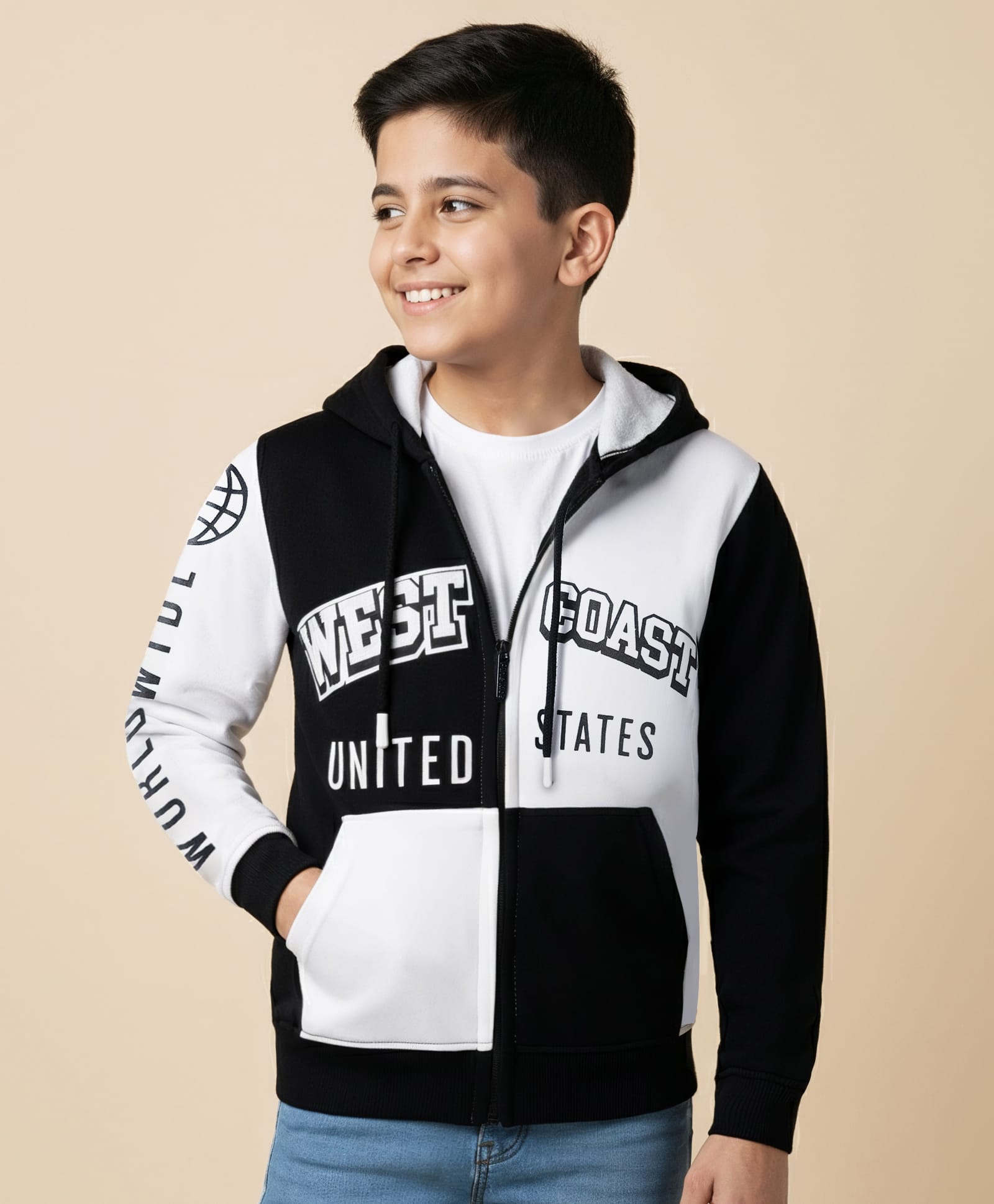 Pine Kids Cotton Knit Full Sleeves Hooded Sweatjacket with Text Print & Kangaroo Pockets - Black-picture-38