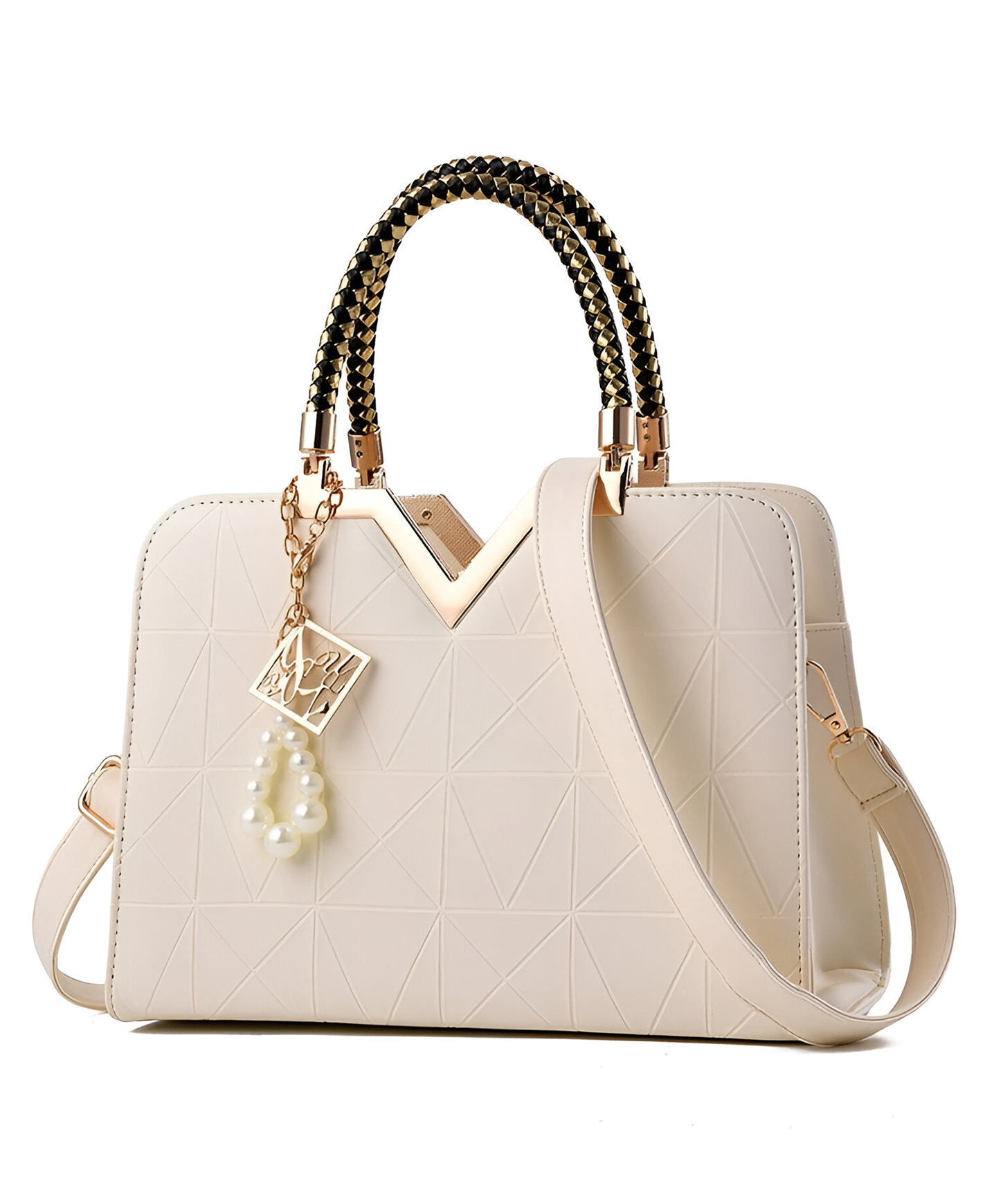 SYGA Women's Designer Handbag with Pearl Charm, Double Braided Handle, Shoulder Messenger Bag(White)-picture-15