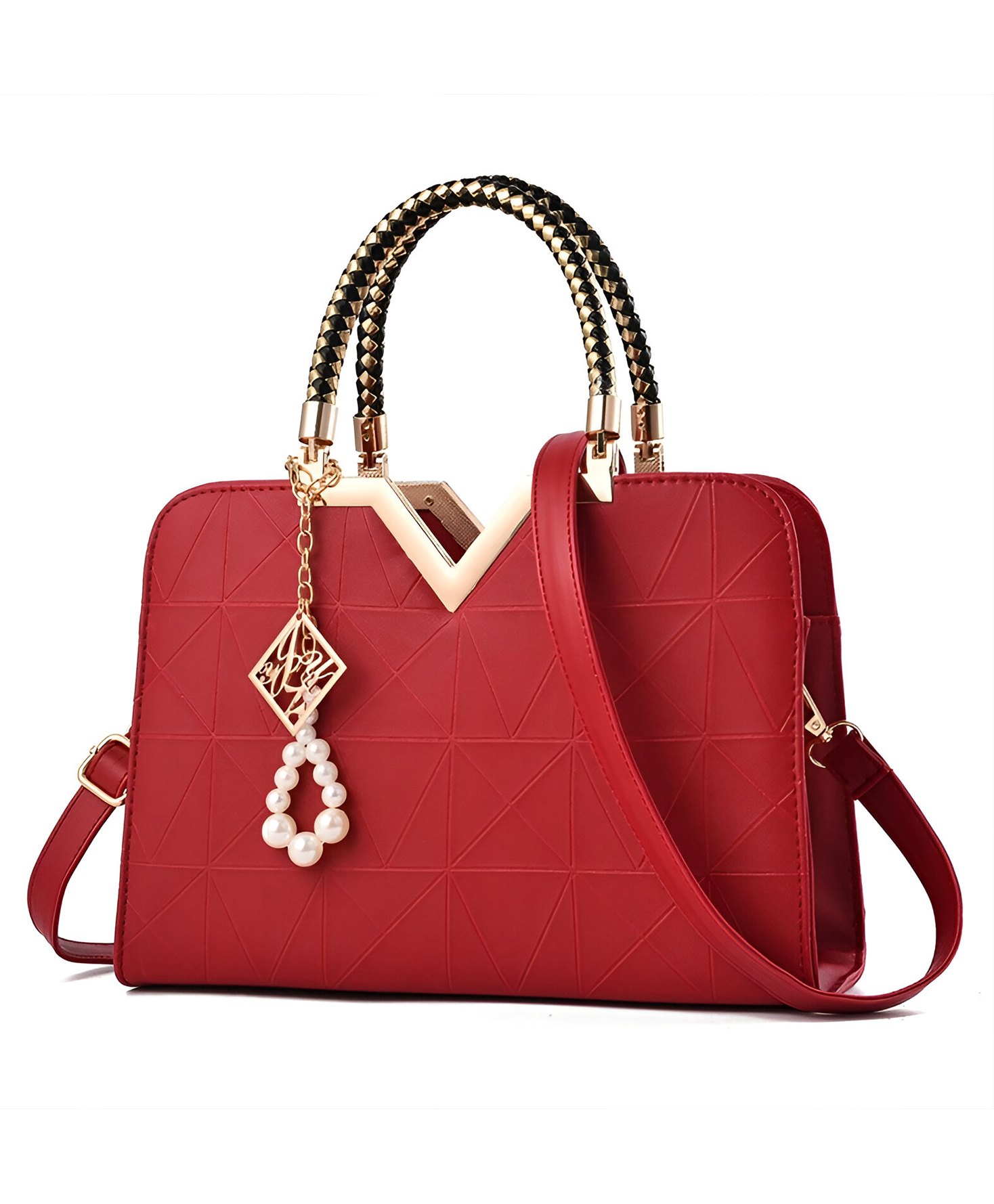 SYGA Women's Designer Handbag with Pearl Charm, Double Braided Handle, Shoulder Messenger Bag(Red)-image-4