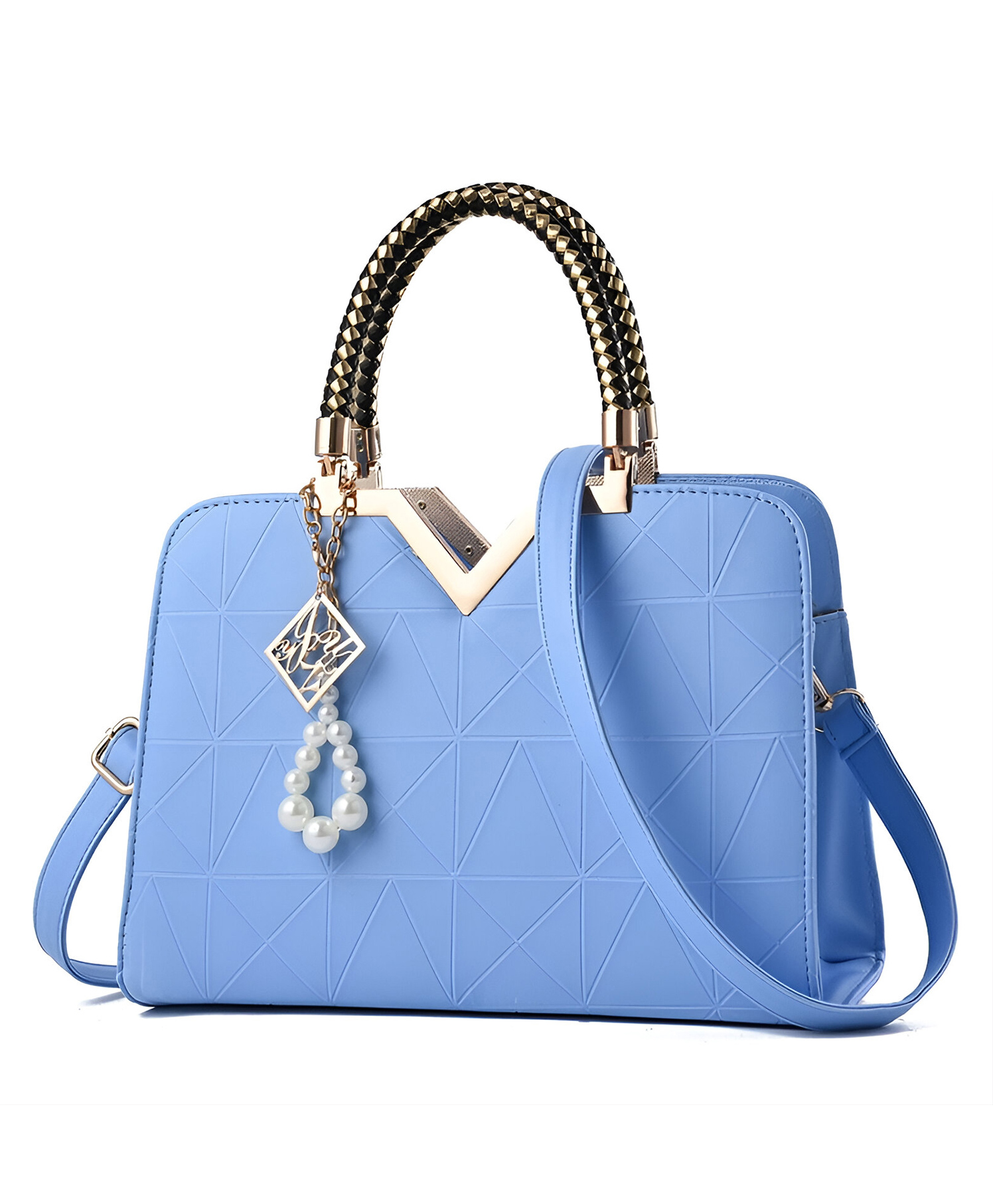SYGA Women's Designer Handbag with Pearl Charm, Double Braided Handle, Shoulder Messenger Bag(Light Blue)-image-10