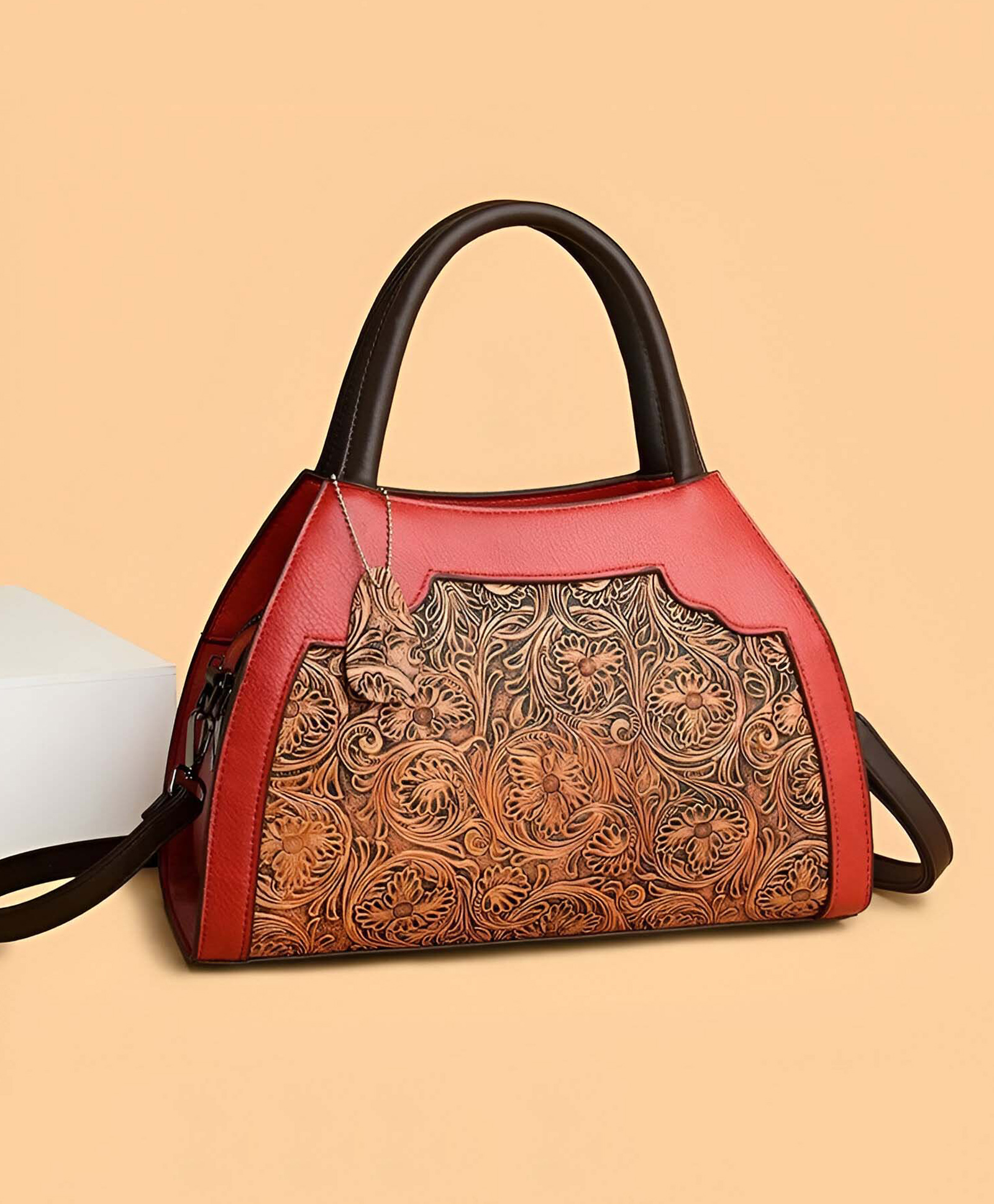 SYGA Women Vintage Embossed Tote Handbag Elegant Pillow Shaped Shoulder Bag with Zipper Closure(Red)-image-3