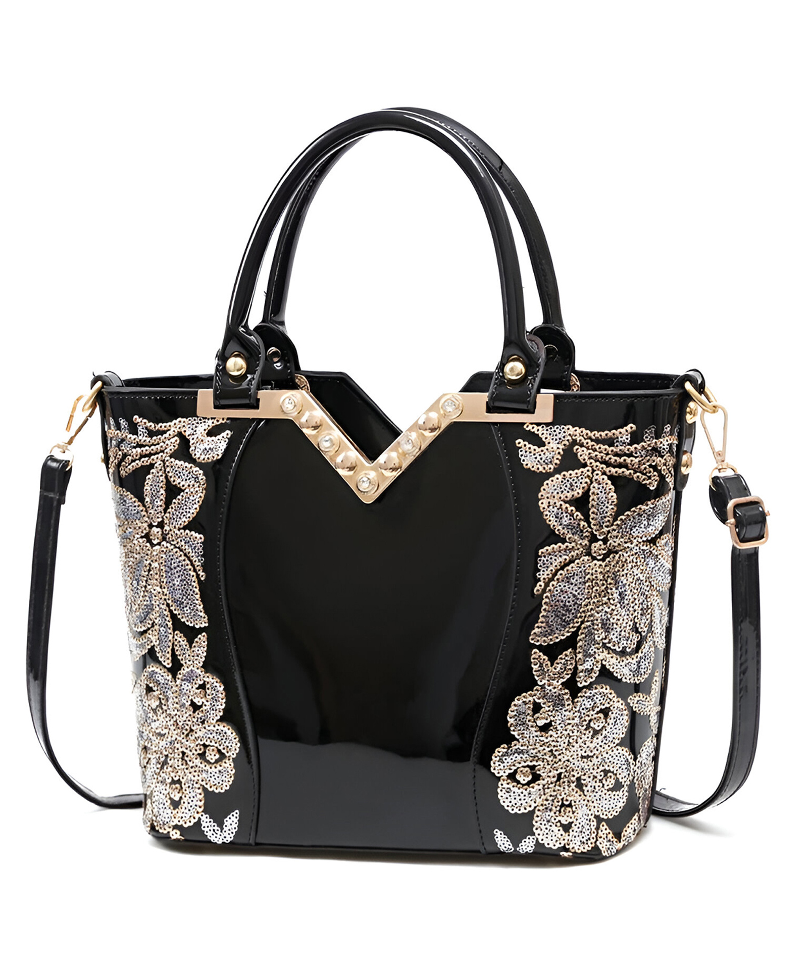 SYGA Women Chic Armpit Bag Vertical Square Street Fashion Handbag with Embossed Floral Design & Pearl Accent(Black)-image-10