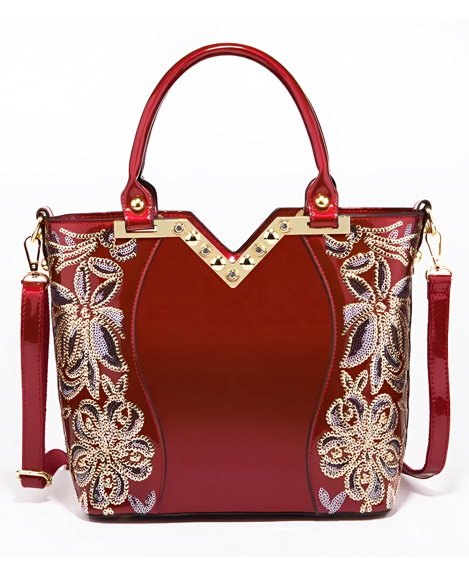 SYGA Women Chic Armpit Bag Vertical Square Street Fashion Handbag with Embossed Floral Design & Pearl Accent(Burgundy)-image-46