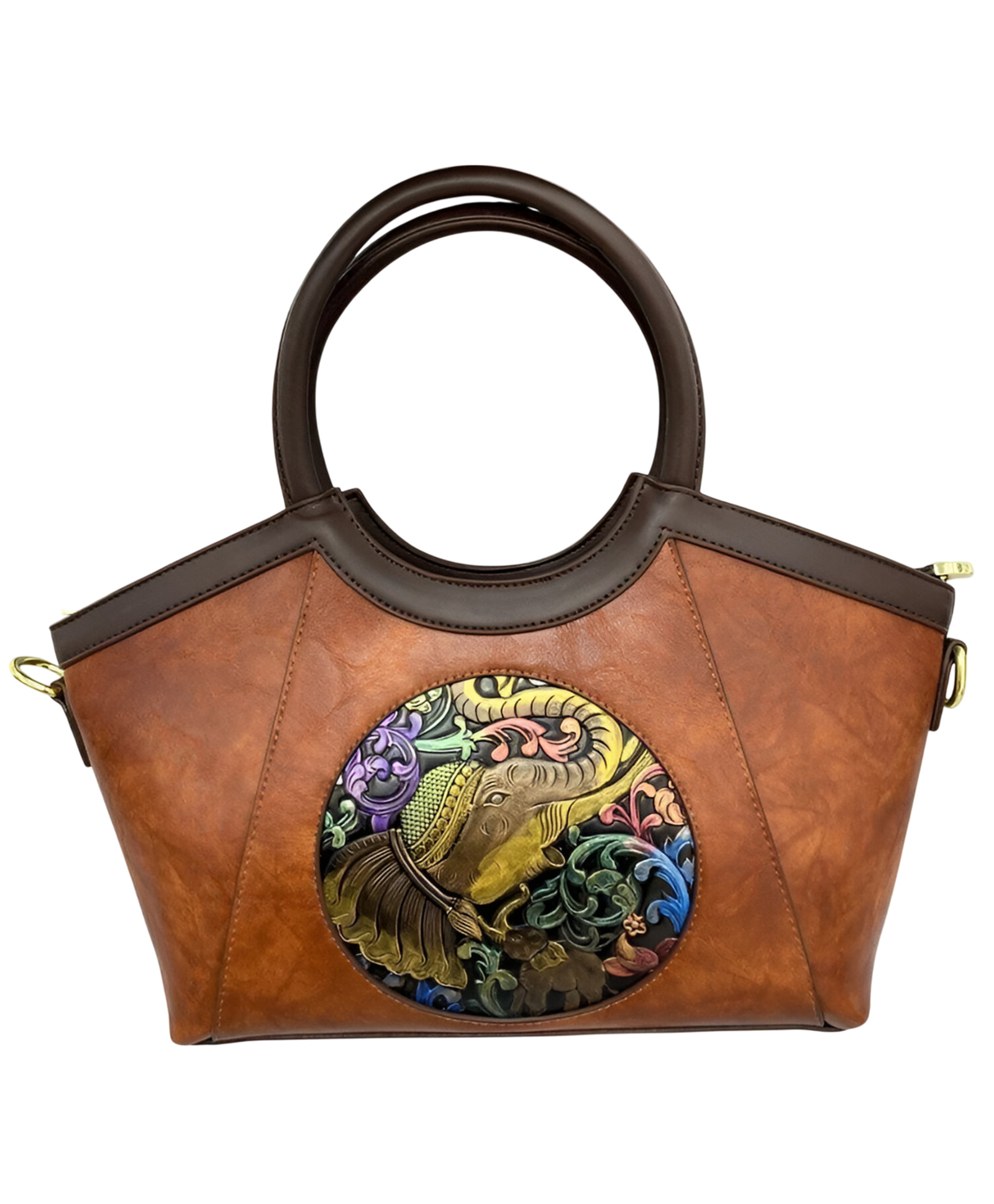SYGA Women Artisan Embossed Elephant Handbag Horizontal Square Vintage Tote for Daily Match(Dark Brown)-picture-13