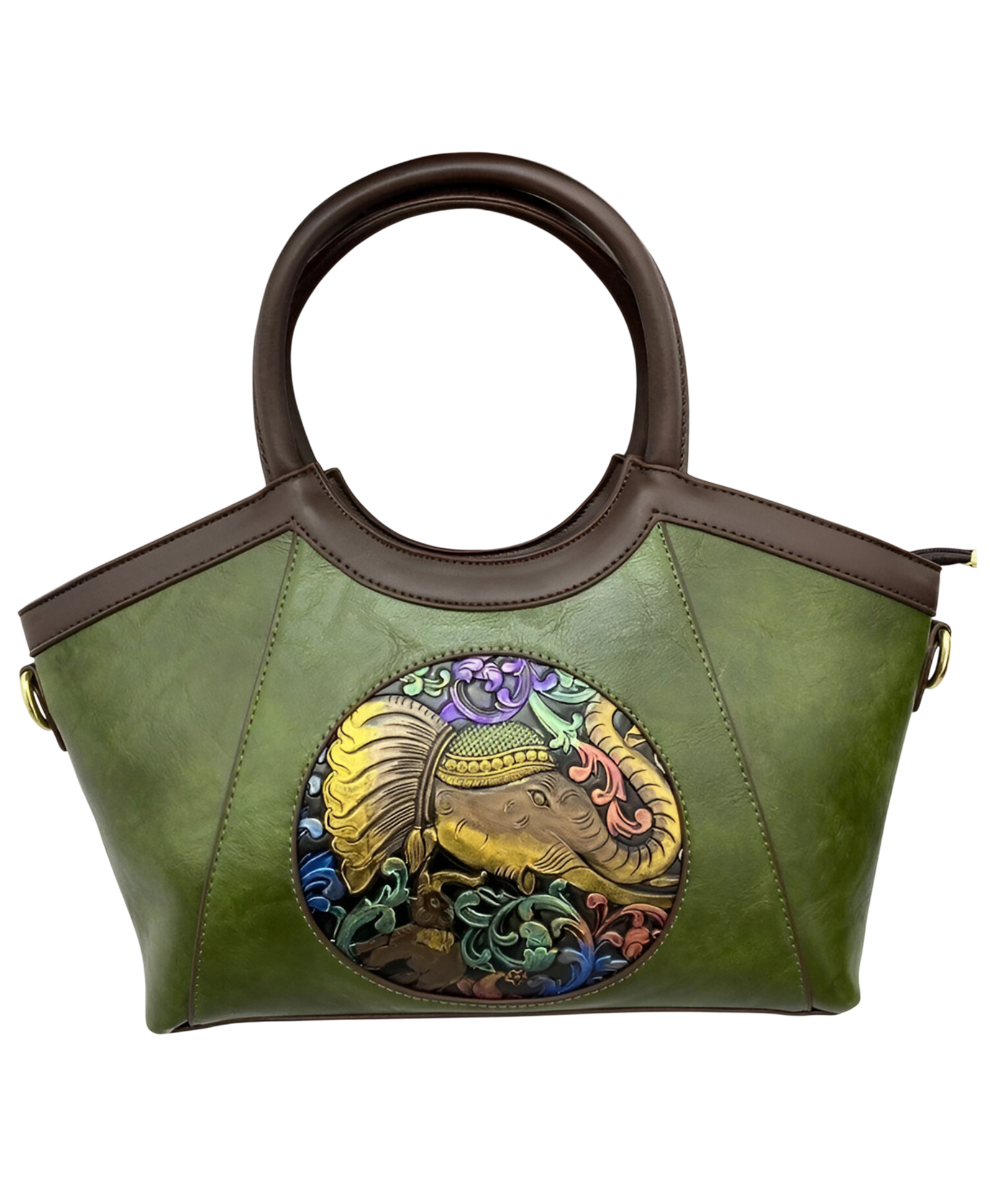 SYGA Women Artisan Embossed Elephant Handbag Horizontal Square Vintage Tote for Daily Match(Green)-image-15
