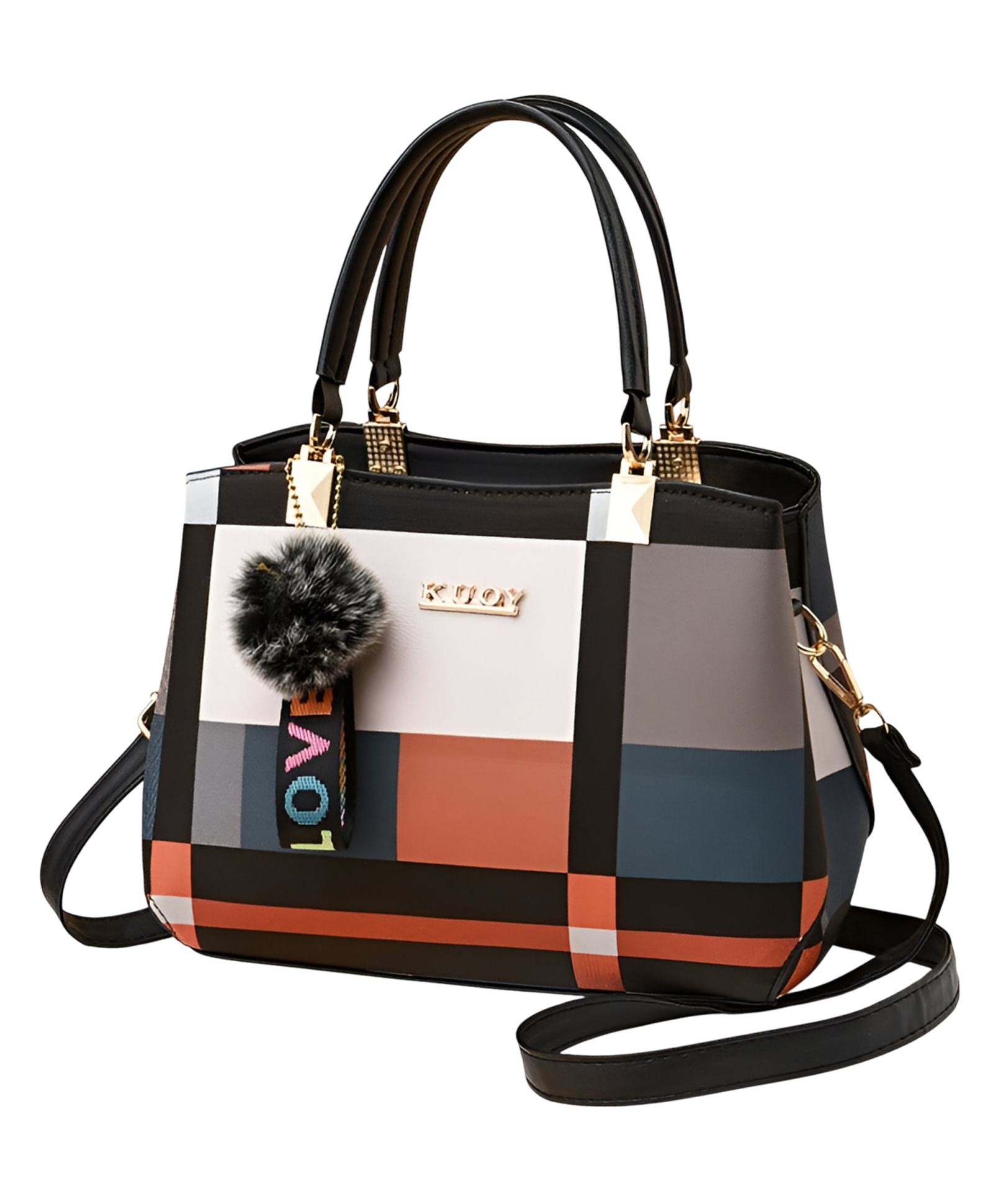 SYGA Women Colorblock Handbag with Dual Handles & Sling Strap Featuring LOVE Keychain & Faux Fur Charm(Black)-image-6