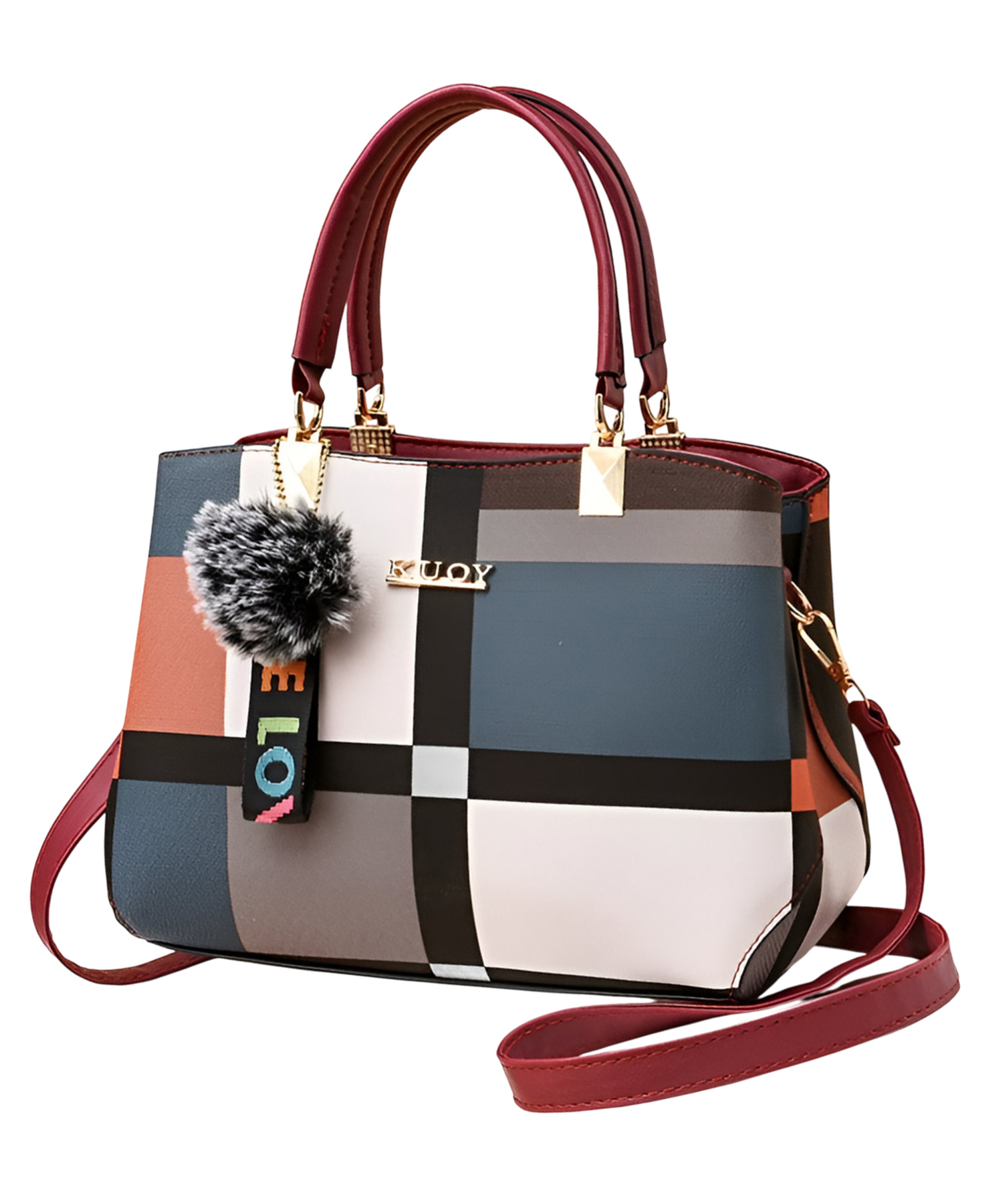 SYGA Women Colorblock Handbag with Dual Handles & Sling Strap Featuring LOVE Keychain & Faux Fur Charm(Brown)