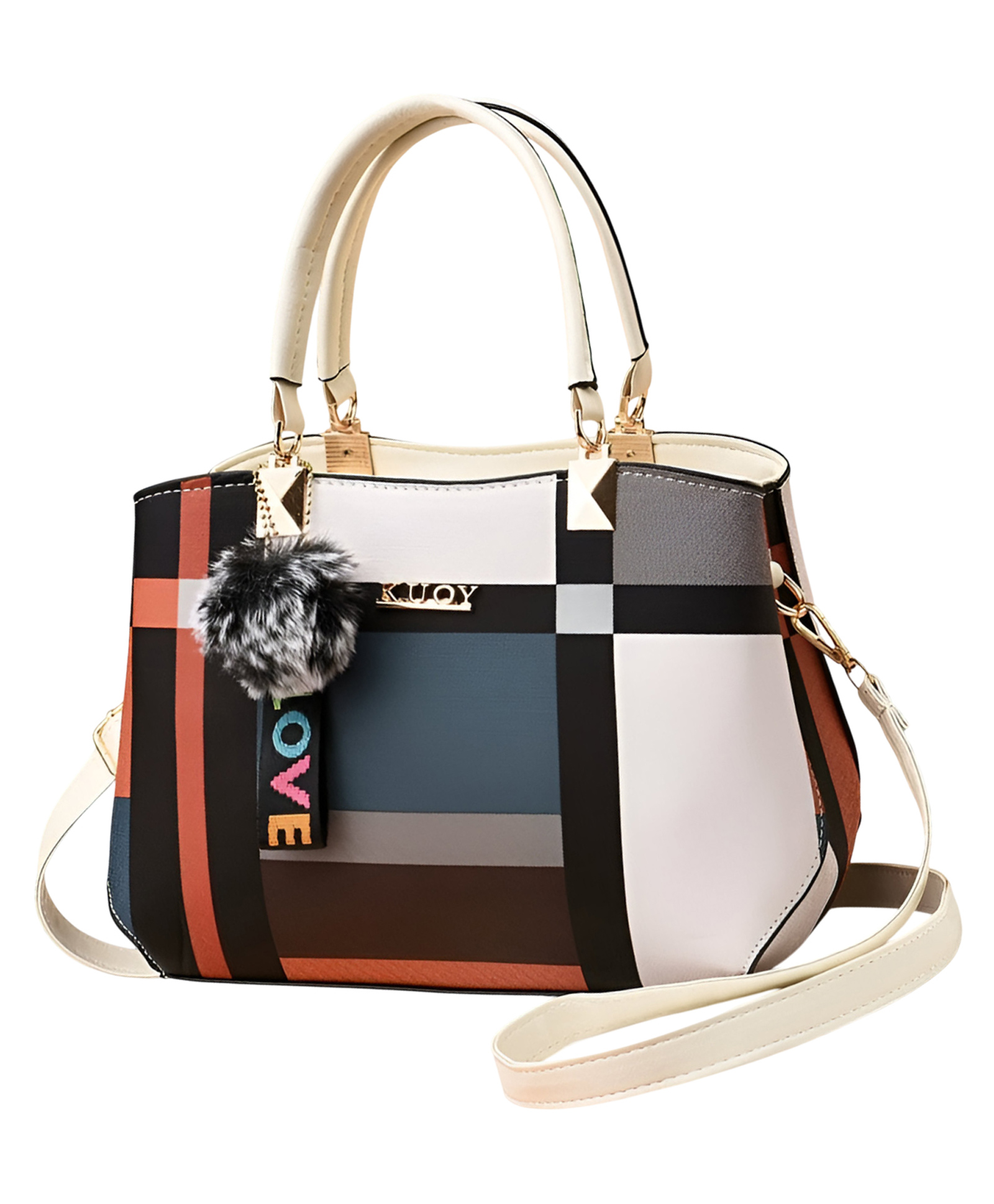 SYGA Women Colorblock Handbag with Dual Handles & Sling Strap Featuring LOVE Keychain & Faux Fur Charm(Beige)-image-42