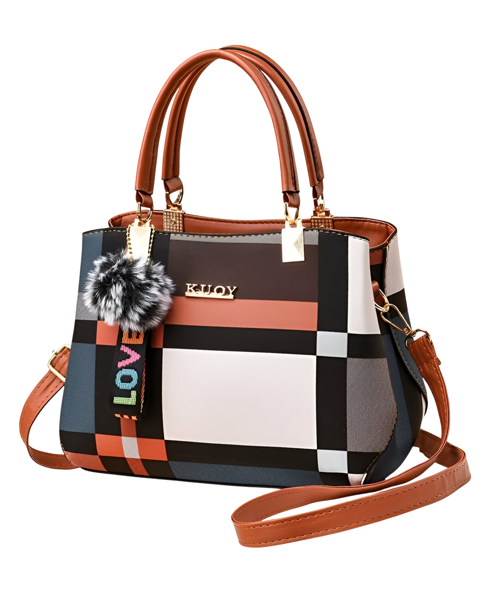 SYGA Women Colorblock Handbag with Dual Handles & Sling Strap Featuring LOVE Keychain & Faux Fur Charm(Khaki)-image-3