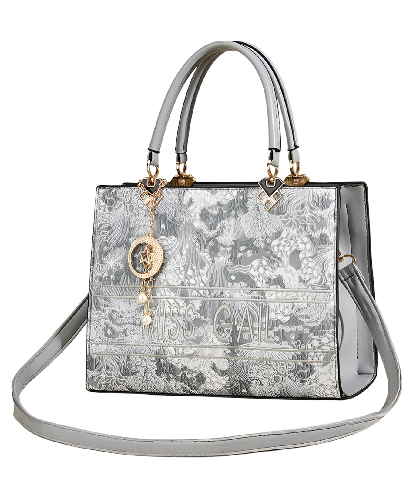 SYGA Elegant Floral Embossed Handbag for Women Tote with Gold Accents (Grey)-image-37