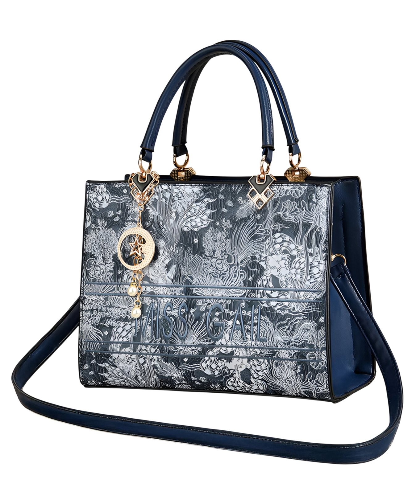 SYGA Elegant Floral Embossed Handbag for Women Tote with Gold Accents (Blue)-image-4
