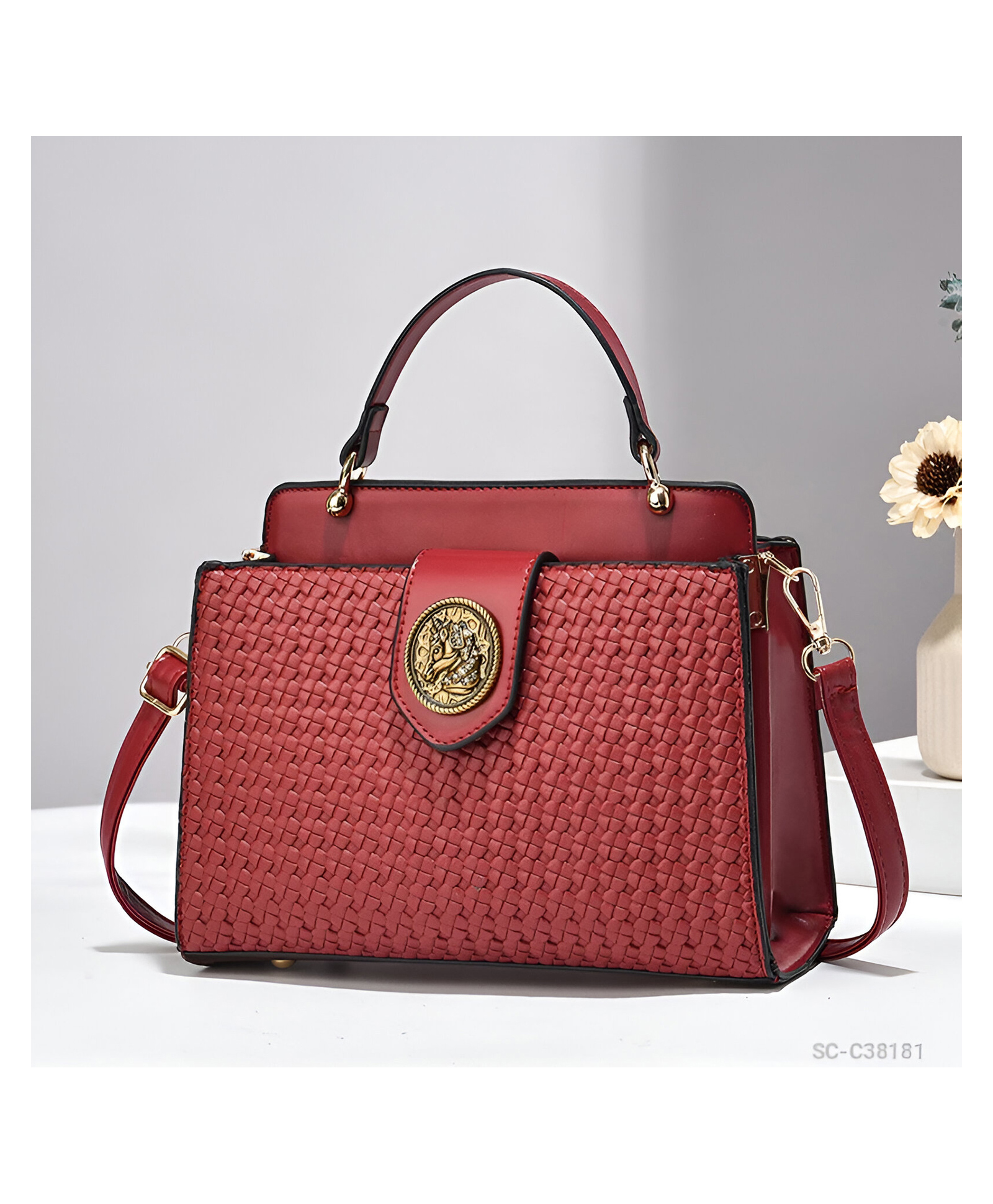 SYGA Women Elegant Contrast Color Handbag Stylish Top Handle Shoulder Bag (Wine Red)-image-8