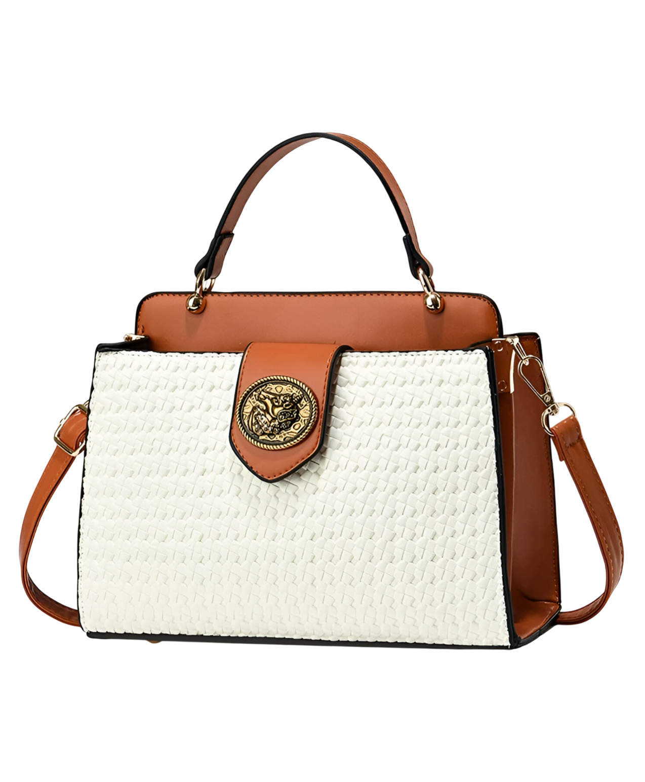 SYGA Women Elegant Contrast Color Handbag Stylish Top Handle Shoulder Bag (Beige)-image-5