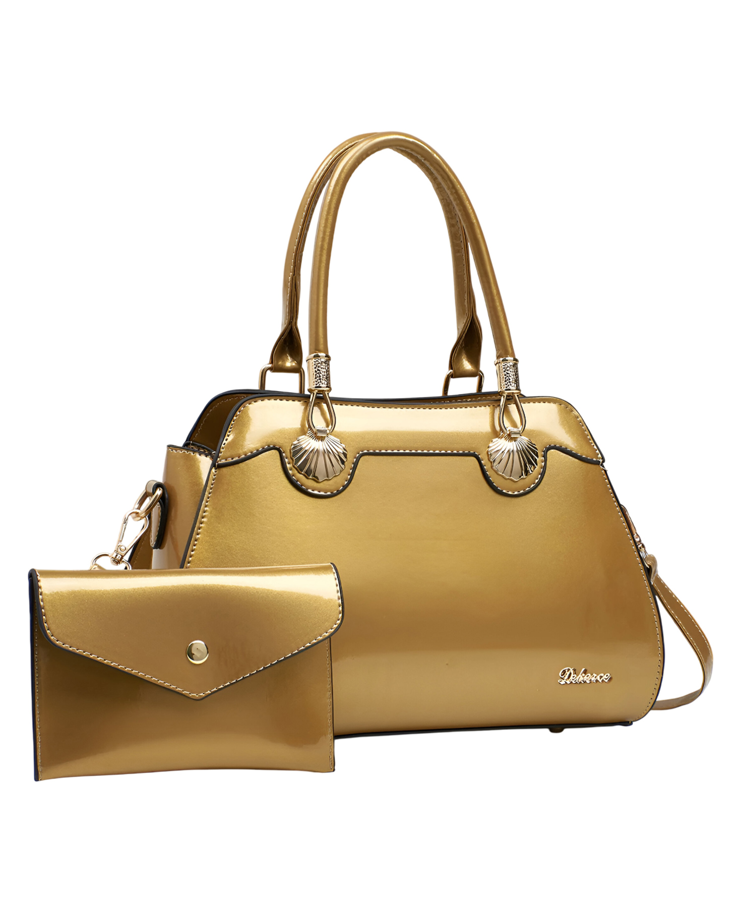 SYGA 2 Piece Women's Glossy Handbag with Matching Wallet | Elegant Shell Design Tote Bag with Gold Hardware (Golden)-picture-31