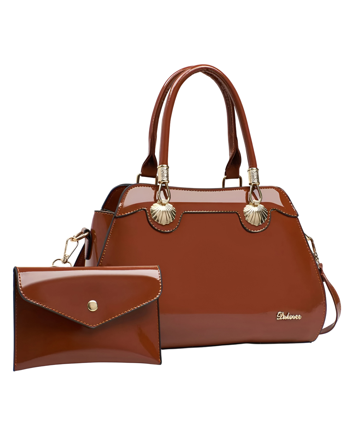 SYGA 2 Piece Women's Glossy Handbag with Matching Wallet | Elegant Shell Design Tote Bag with Gold Hardware (Brown)-picture-26