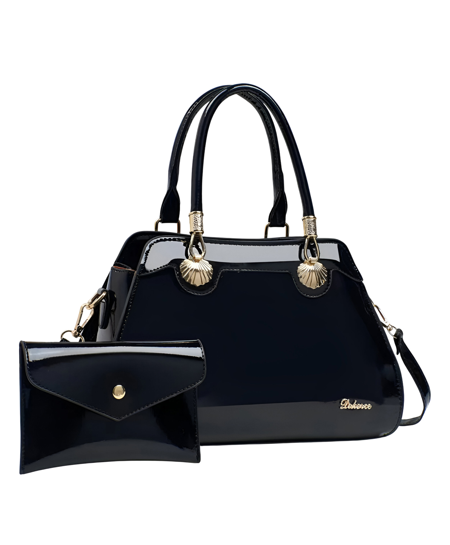 SYGA 2 Piece Women's Glossy Handbag with Matching Wallet | Elegant Shell Design Tote Bag with Gold Hardware (Black)-picture-27
