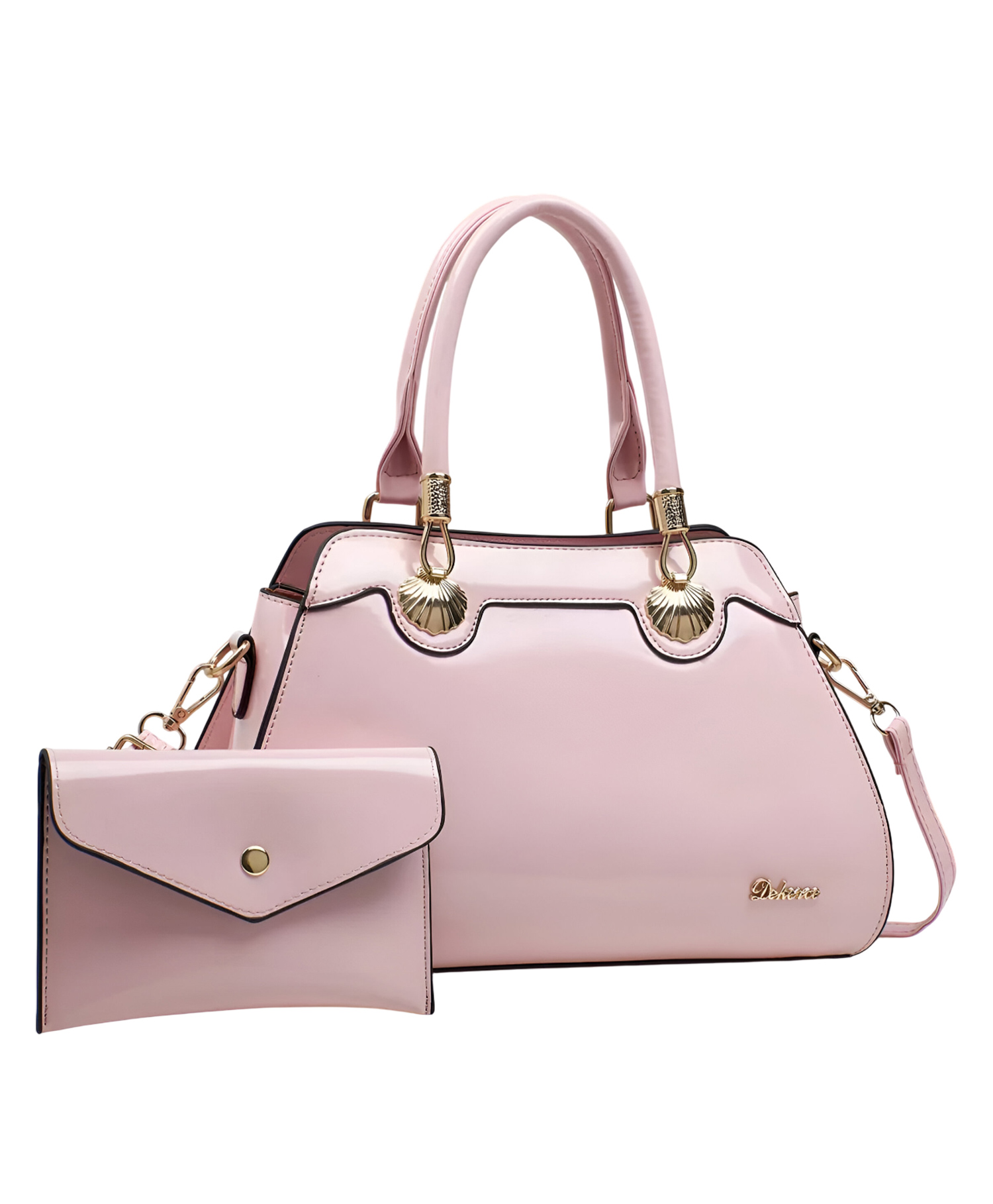 SYGA 2 Piece Women's Glossy Handbag with Matching Wallet | Elegant Shell Design Tote Bag with Gold Hardware (Pink)-picture-28