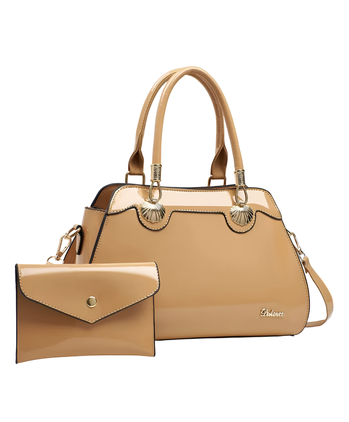 SYGA 2 Piece Women's Glossy Handbag with Matching Wallet | Elegant Shell Design Tote Bag with Gold Hardware (Khaki)-picture-29