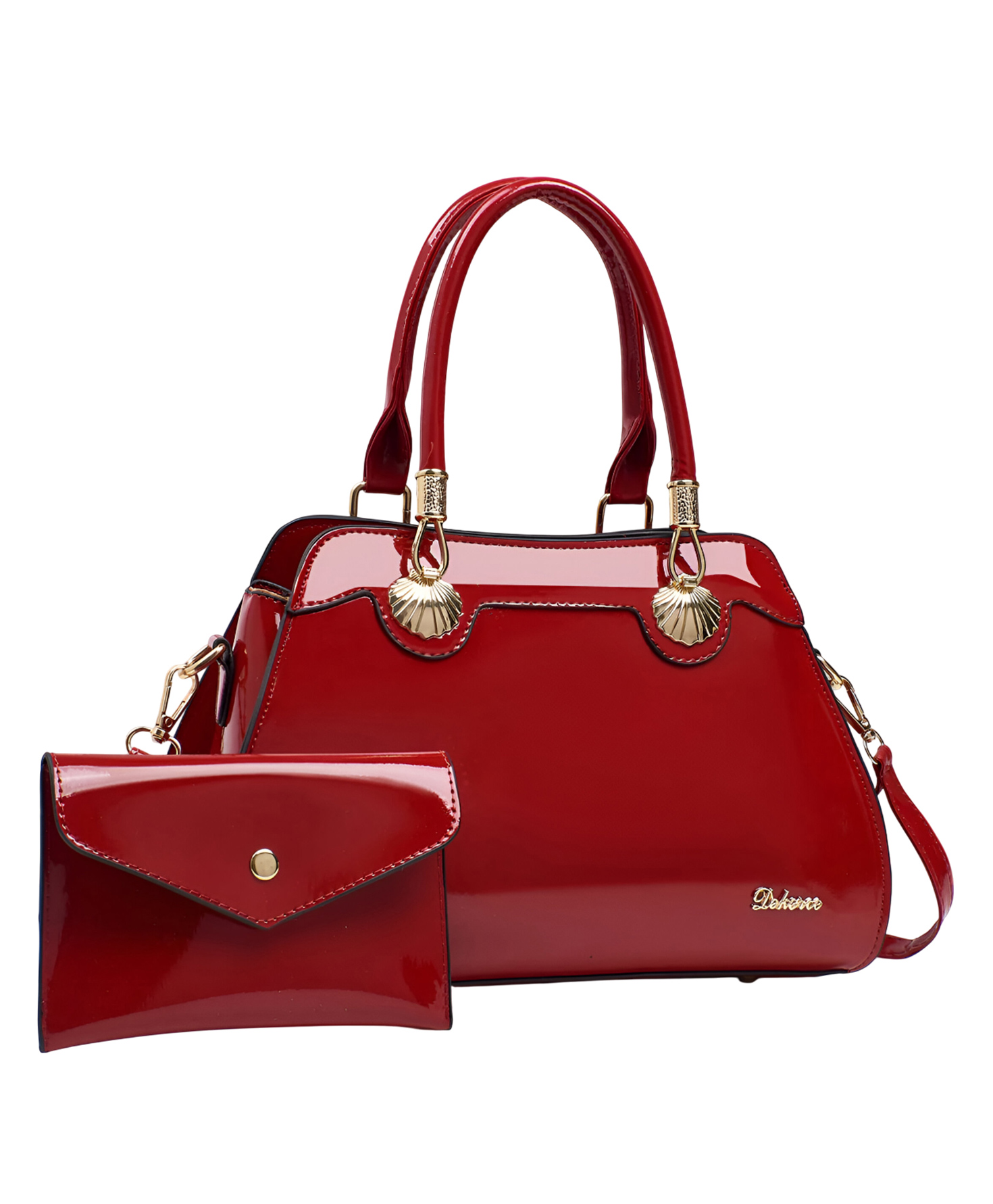 SYGA 2 Piece Women's Glossy Handbag with Matching Wallet | Elegant Shell Design Tote Bag with Gold Hardware (Red)-picture-30