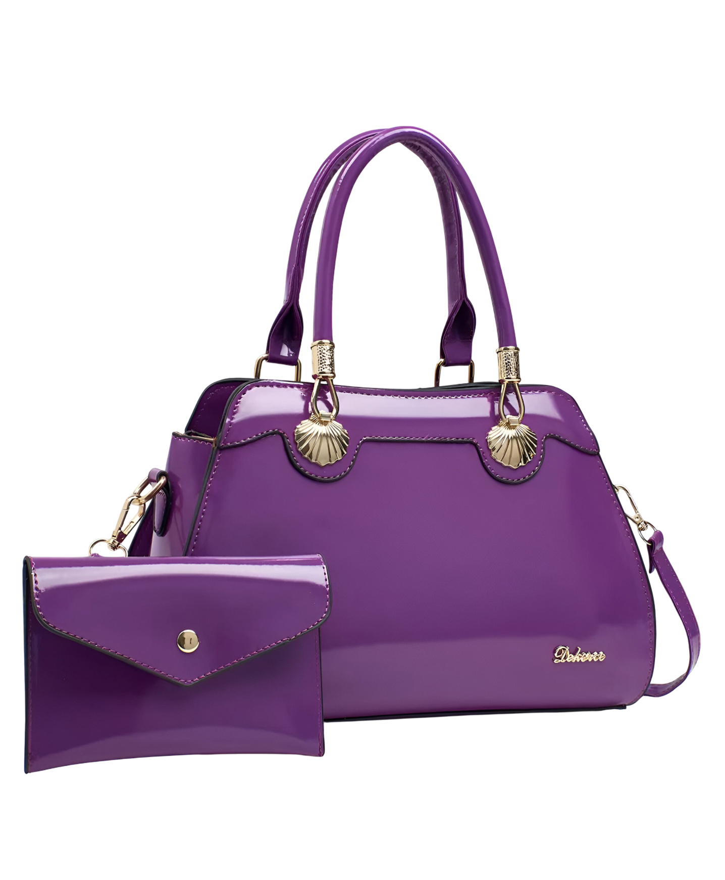 SYGA 2 Piece Women's Glossy Handbag with Matching Wallet | Elegant Shell Design Tote Bag with Gold Hardware (Purple)-picture-25