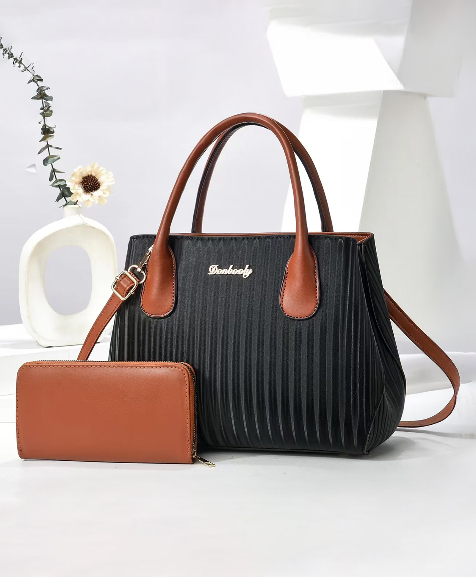 SYGA Pack of 2 Women's Handbag & Clutch Set Stylish Contrast Color Shoulder & Messenger Bag | Elegant Macaron Stitching Design (Black)-image-14