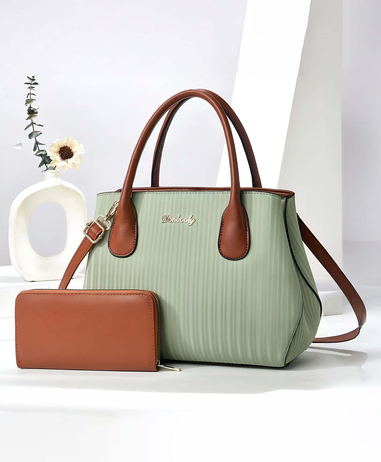 SYGA Pack of 2 Women's Handbag and Clutch Set Stylish Contrast Color Shoulder & Messenger Bag | Elegant Macaron Stitching Design (Green)-image-13