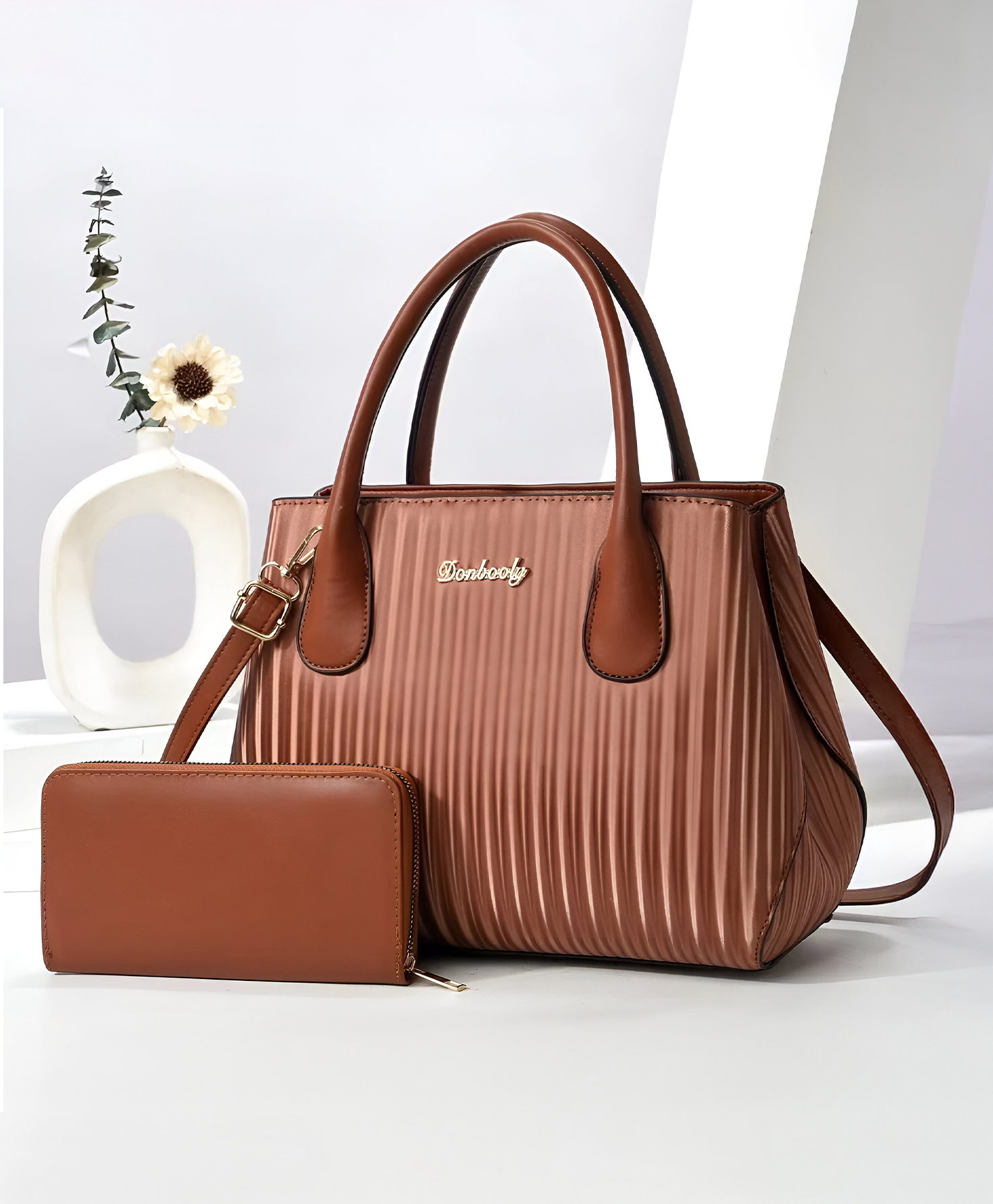 SYGA Pack of 2 Women's Handbag and Clutch Set Stylish Contrast Color Shoulder & Messenger Bag | Elegant Macaron Stitching Design (Brown)-image-30