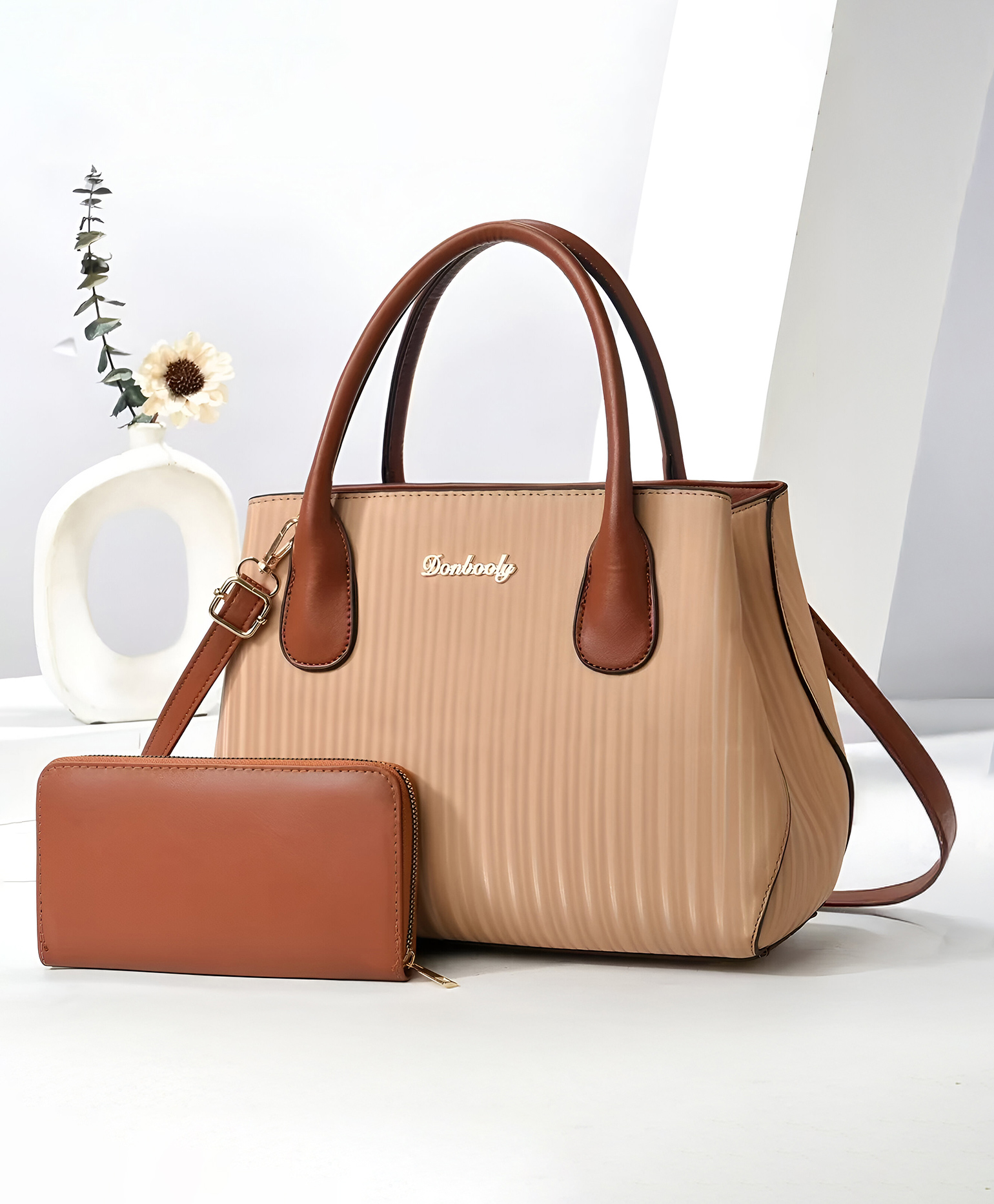 SYGA Pack of 2 Women's Handbag and Clutch Set Stylish Contrast Color Shoulder & Messenger Bag | Elegant Macaron Stitching Design (Khaki)-image-42