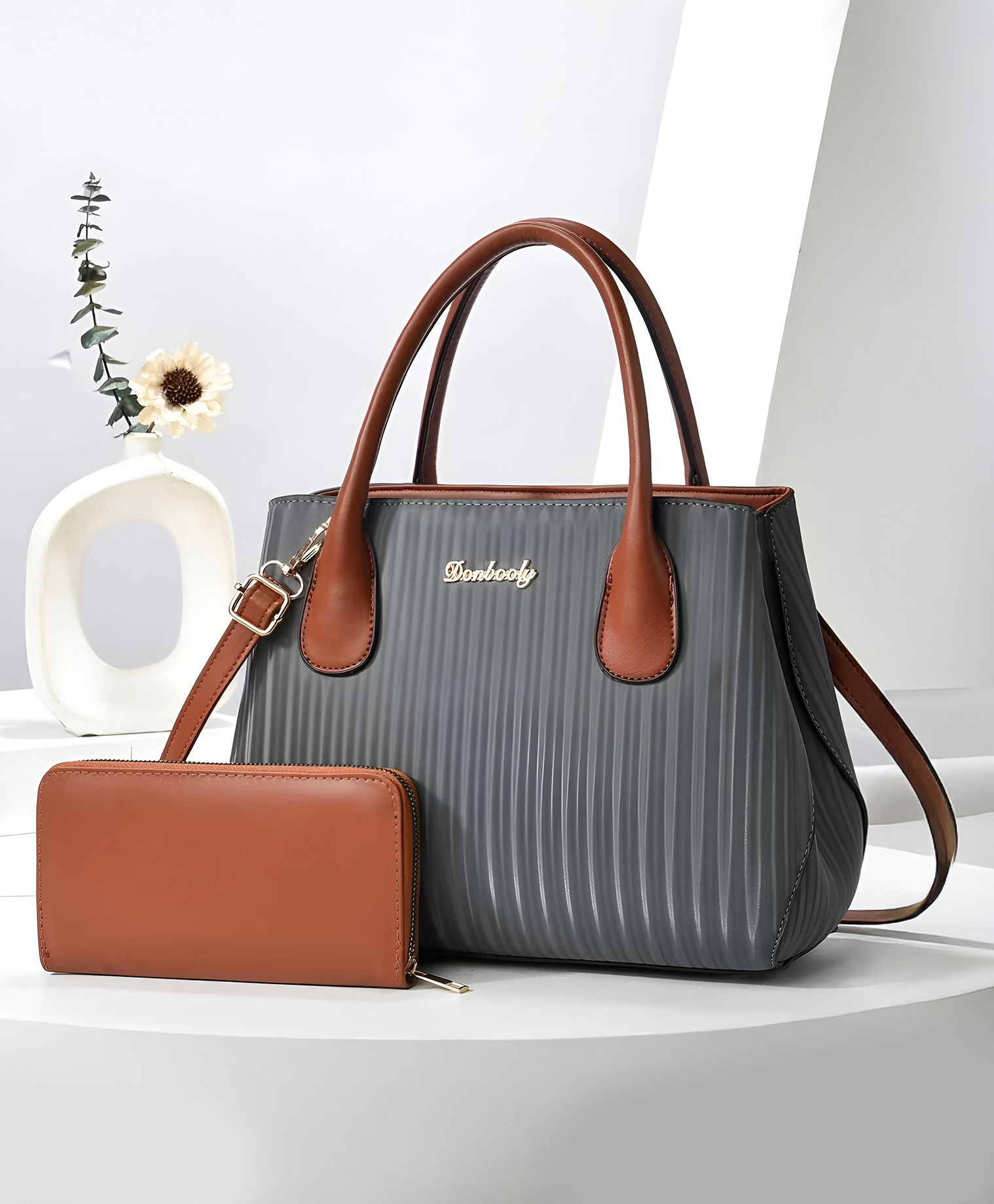 SYGA Pack of 2 Women's Handbag and Clutch Set Stylish Contrast Color Shoulder & Messenger Bag | Elegant Macaron Stitching Design (Grey)-image-15
