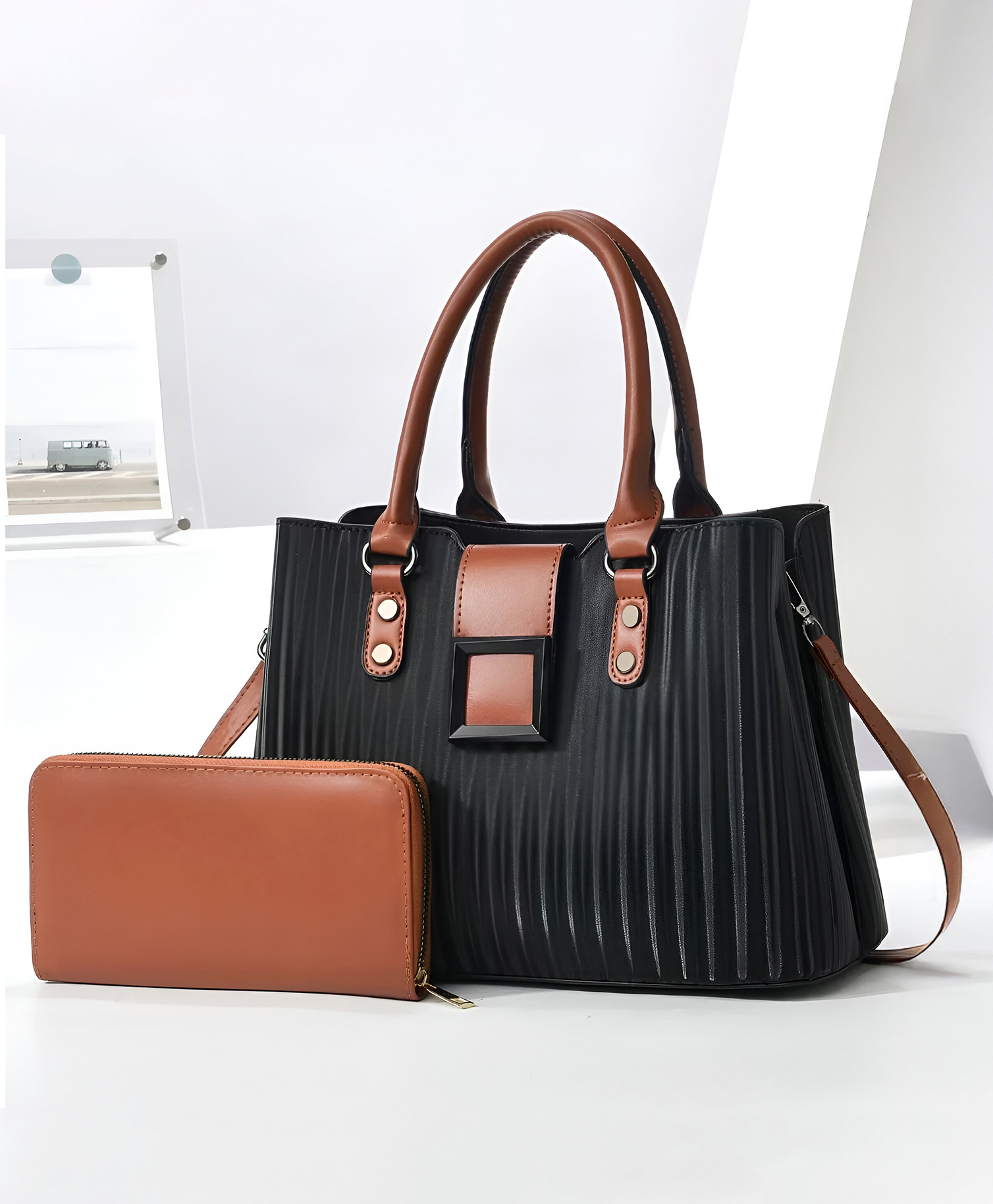 SYGA Pack of 2 Women's Handbag and Clutch Set, Shoulder Bag with Matching Wallet | Macaron-Inspired Stylish Daily Tote (Black)-image-21