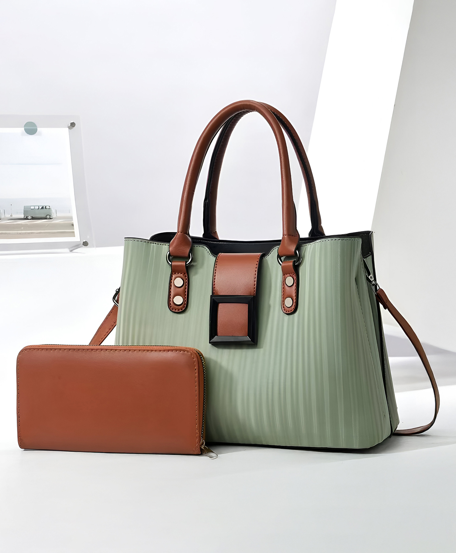 SYGA Pack of 2 Women's Handbag and Clutch Set, Shoulder Bag with Matching Wallet | Macaron-Inspired Stylish Daily Tote (Green)-image-4