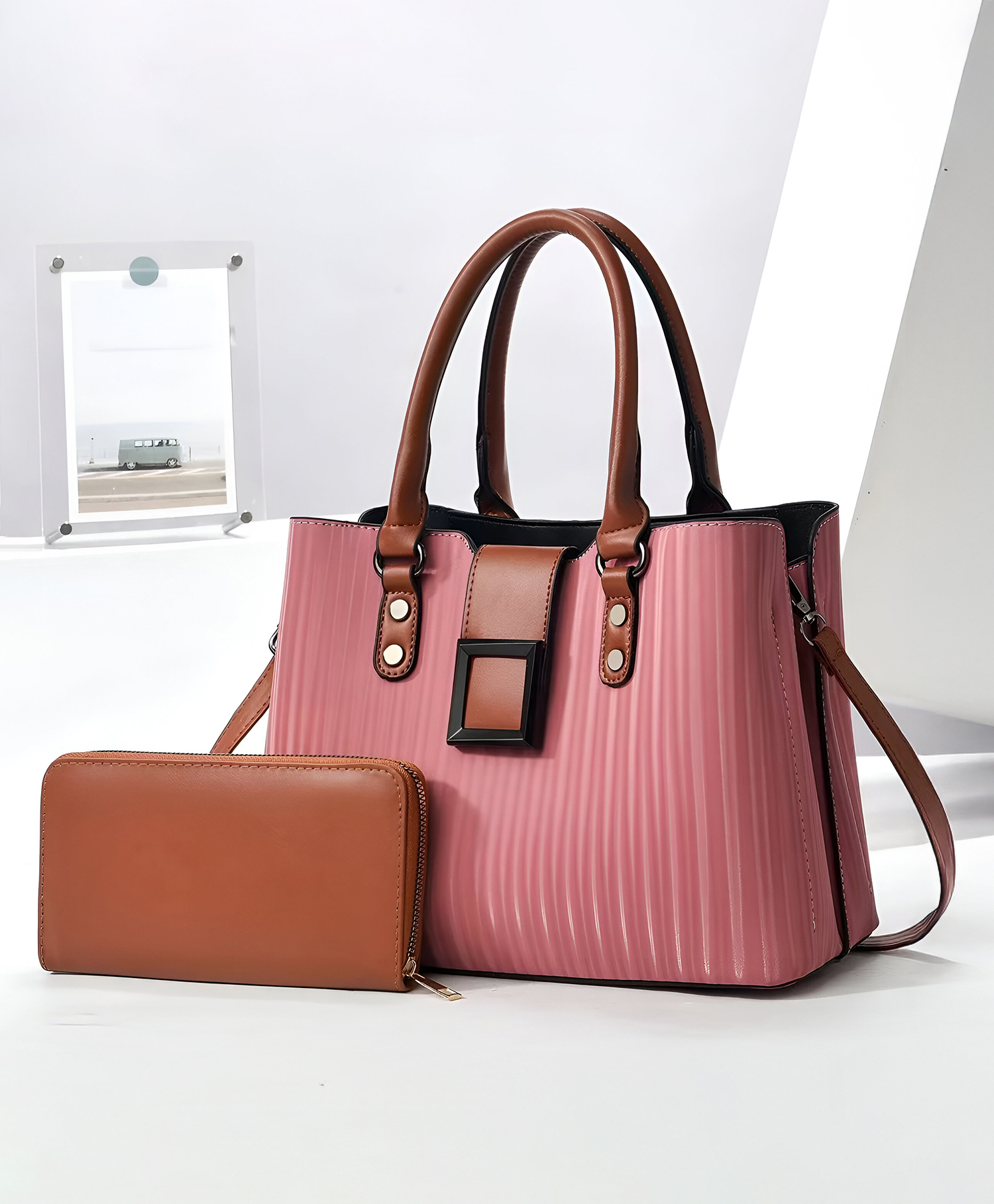 SYGA Pack of 2 Women's Handbag and Clutch Set, Shoulder Bag with Matching Wallet | Macaron-Inspired Stylish Daily Tote (Pink)-picture-16
