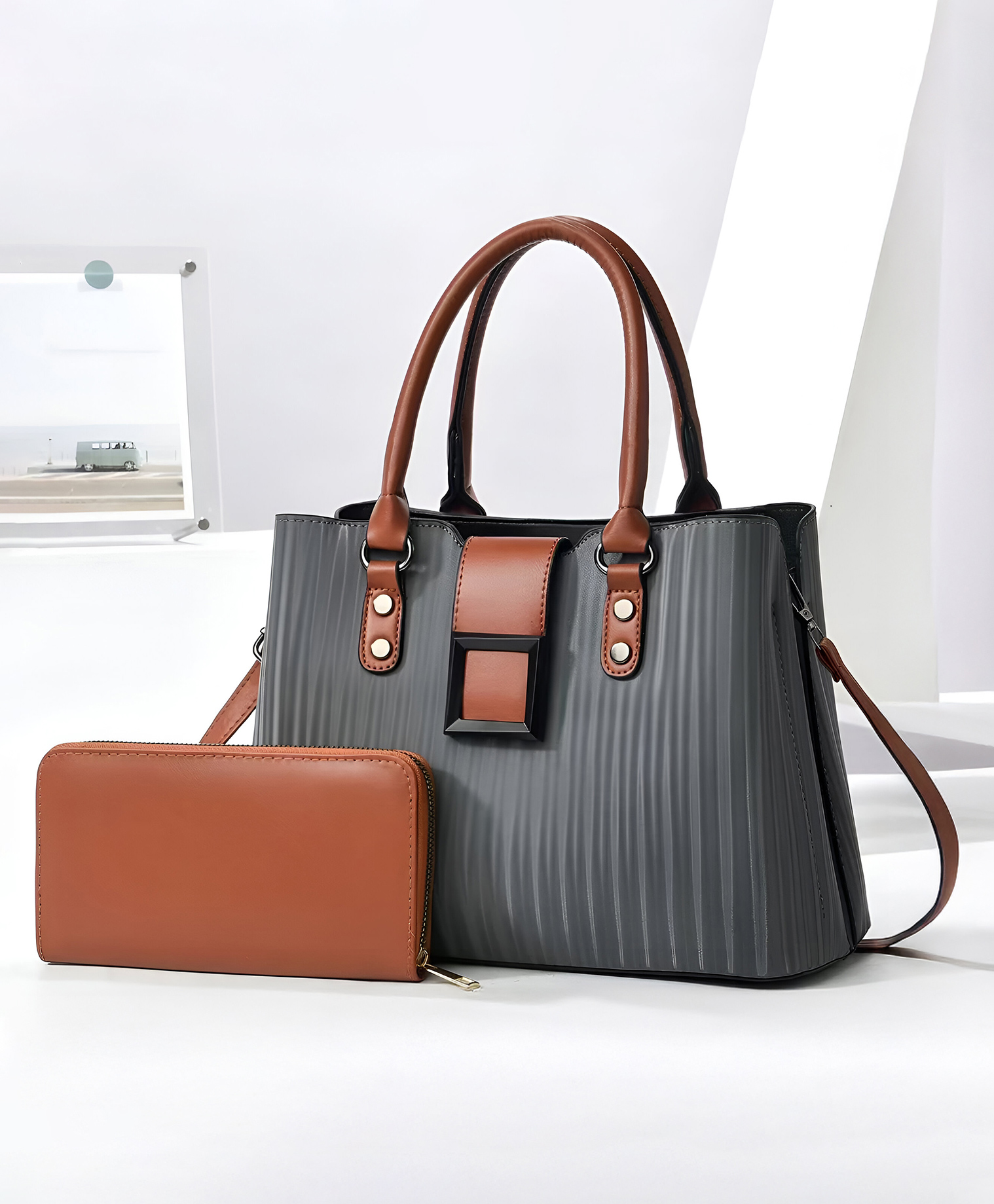 SYGA Pack of 2 Women's Handbag and Clutch Set, Shoulder Bag with Matching Wallet | Macaron-Inspired Stylish Daily Tote (Grey)-image-3