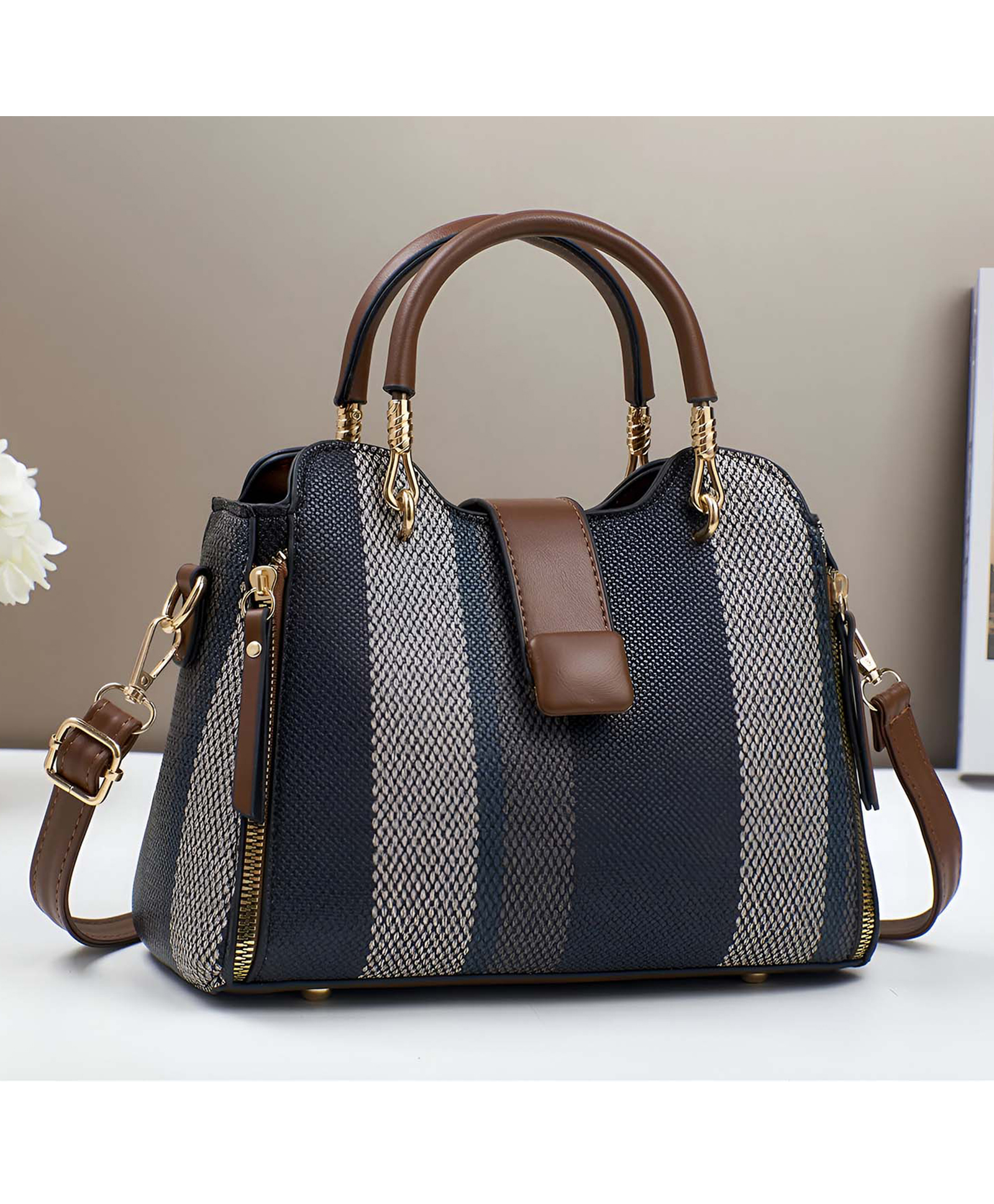 SYGA Women Elegant Woven Texture Handbag Tote with Handles & Adjustable Shoulder Strap Stylish Casual Bag (Black)-image-3